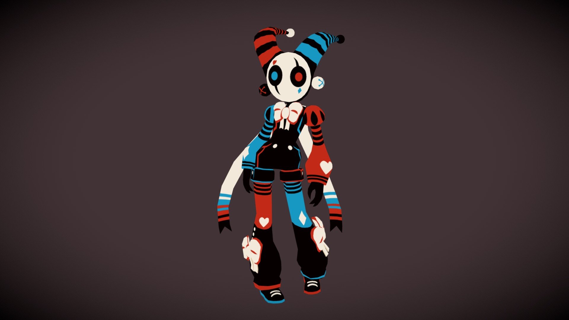 I modelled Kadabura's Jester character. I really liked what she does, so here it is, in 3D.
I tried to keep the 2D feel, so no light work or post effects. Keep it simple.

you can find the original piece here:
https://www.kadaburadraws.com/lineless#/jester/
of course, i dont own the character design and original art yadayada. Made it for fun and practice. :-)

Thanks for watching! - KadaBura Jester - 3D model by PapaGodzilla (@samholy) 3d model