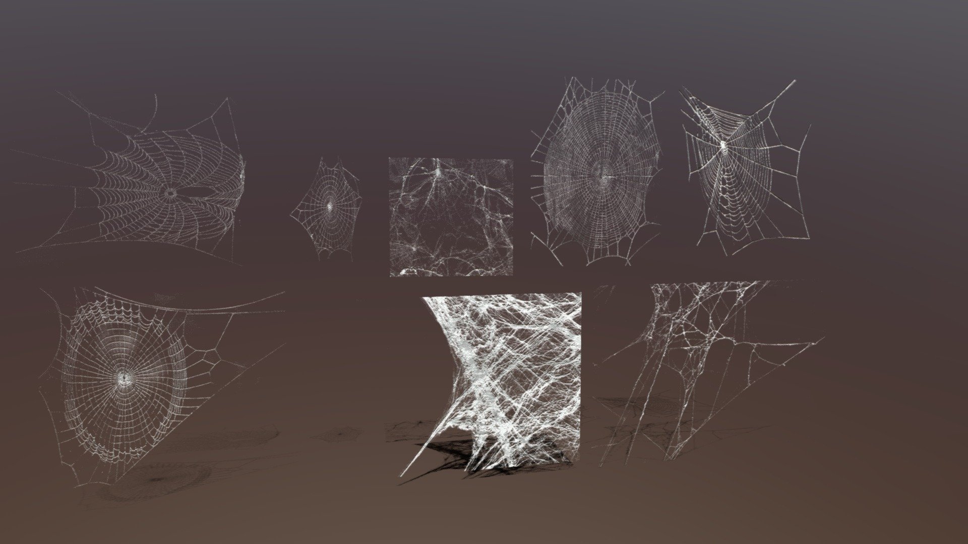 Spider Webs Pack 3D Model. This model contains the Spider Webs Pack itself 

All modeled in Maya, textured with Substance Painter.

The model was built to scale and is UV unwrapped properly. Contains only one 4K texture set.  

All the webs share ONE texture set.

⦁   16 tris. 

⦁   Contains: .FBX .OBJ and .DAE

⦁   Model has clean topology. No Ngons.

⦁   Built to scale

⦁   Unwrapped UV Map

⦁   4K Texture set

⦁   High quality details

⦁   Based on real life references

⦁   Renders done in Marmoset Toolbag

Polycount: 

verts 32

edges 32

faces 8

tris 16

If you have any questions please feel free to ask me 3d model