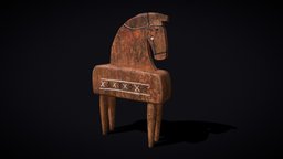 Rustic Hand Painted Toy Horse kids, viking, medieval, toys, decor, props, furnishings, character, 3d, lowpoly, horse, wood, gameready