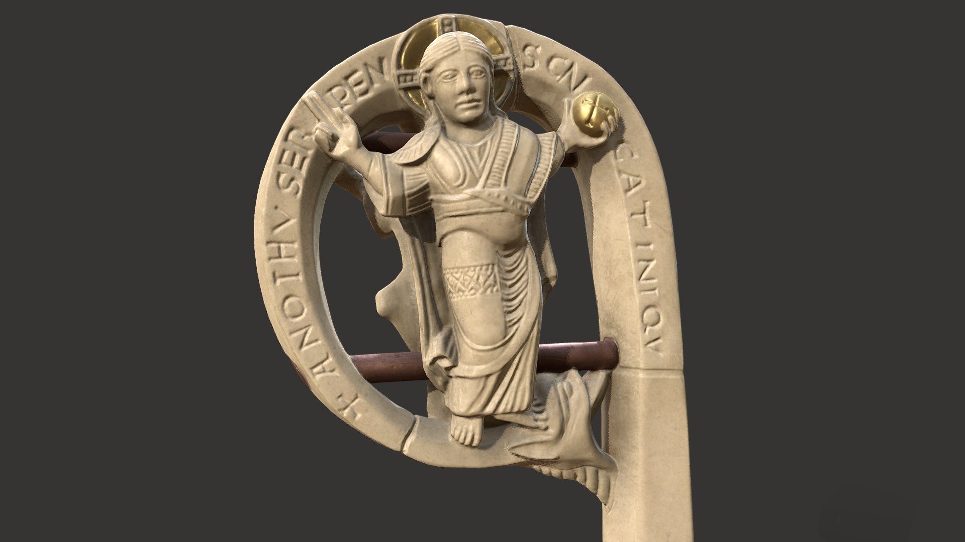 The Ename crosier is the top part of the staff of the abbot of the abbey of Ename, Belgium.  The object has the status of Flemish Masterpiece and was found in 1995 during the archaeological excavations of the abbey.  This digital restoratation shows the state of the crosier after being broken and repaired, somewhere between 1175 and 1390.  The original state of the crosier can be seen at https://sketchfab.com/models/2d3500a046484714af9b5c533adcd7c5 and the excavated object can be seen at https://enameabbey.files.wordpress.com/2015/02/01.jpg. The digital resoration was made by 3D artist Ewout De Vos in Z-Brush.
More information about this crosier can be found at https://enameabbey.wordpress.com/

This work is partially supported by the Department of Culture of the Flemish government 3d model