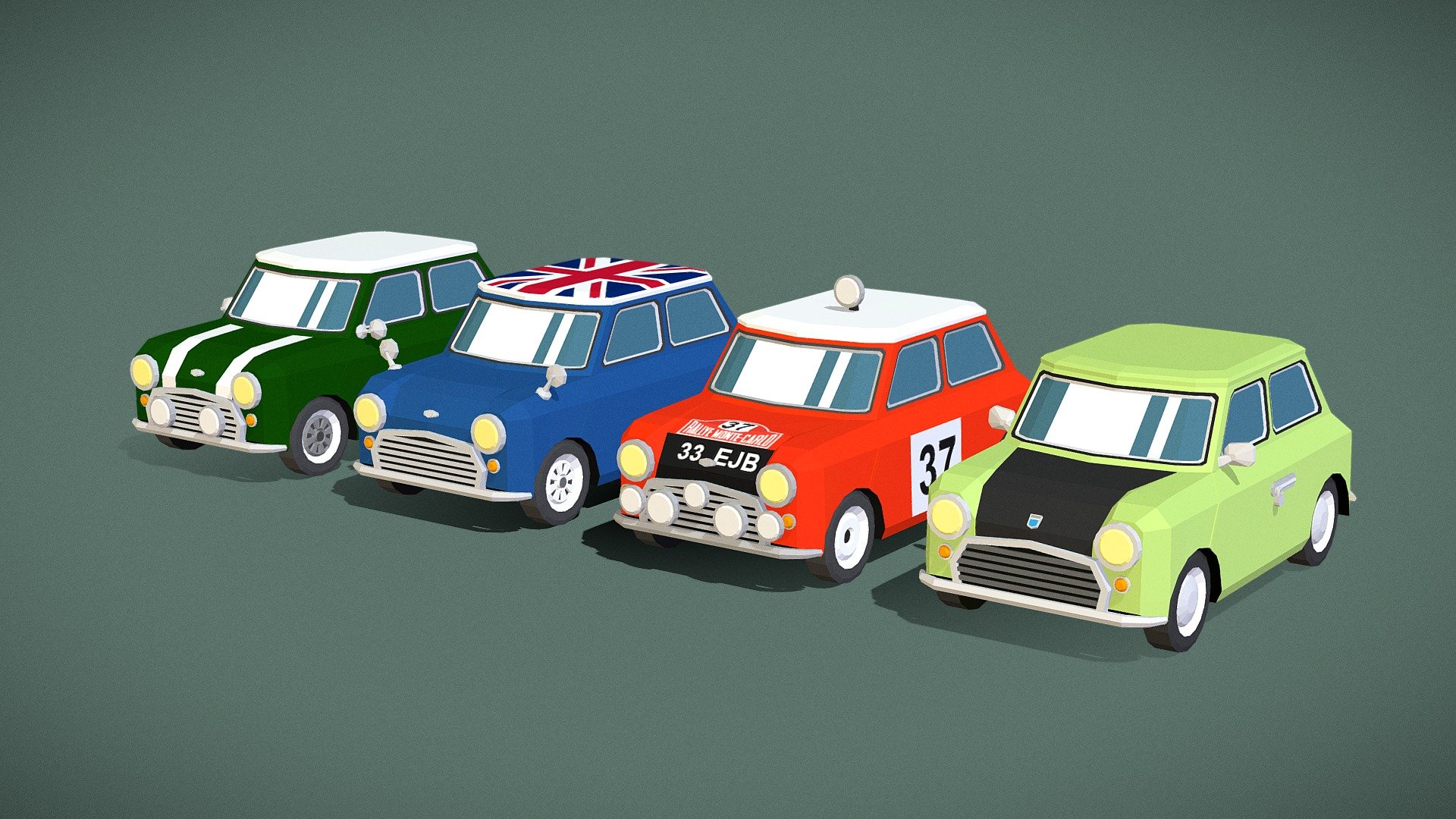 A pack of 4 cartoonish small cars:




British Racing Green with white stripes

Dark Blue with a Union Jack on the roof

Monte-Carlo Rallye version

Ligh green car




All models are flat shaded low poly colored with a texture. 

Can be easily recolored.

Optimized for mobile games.
 - Low Poly Small Cartoon Cars Pack - 3D model by eightismore 3d model