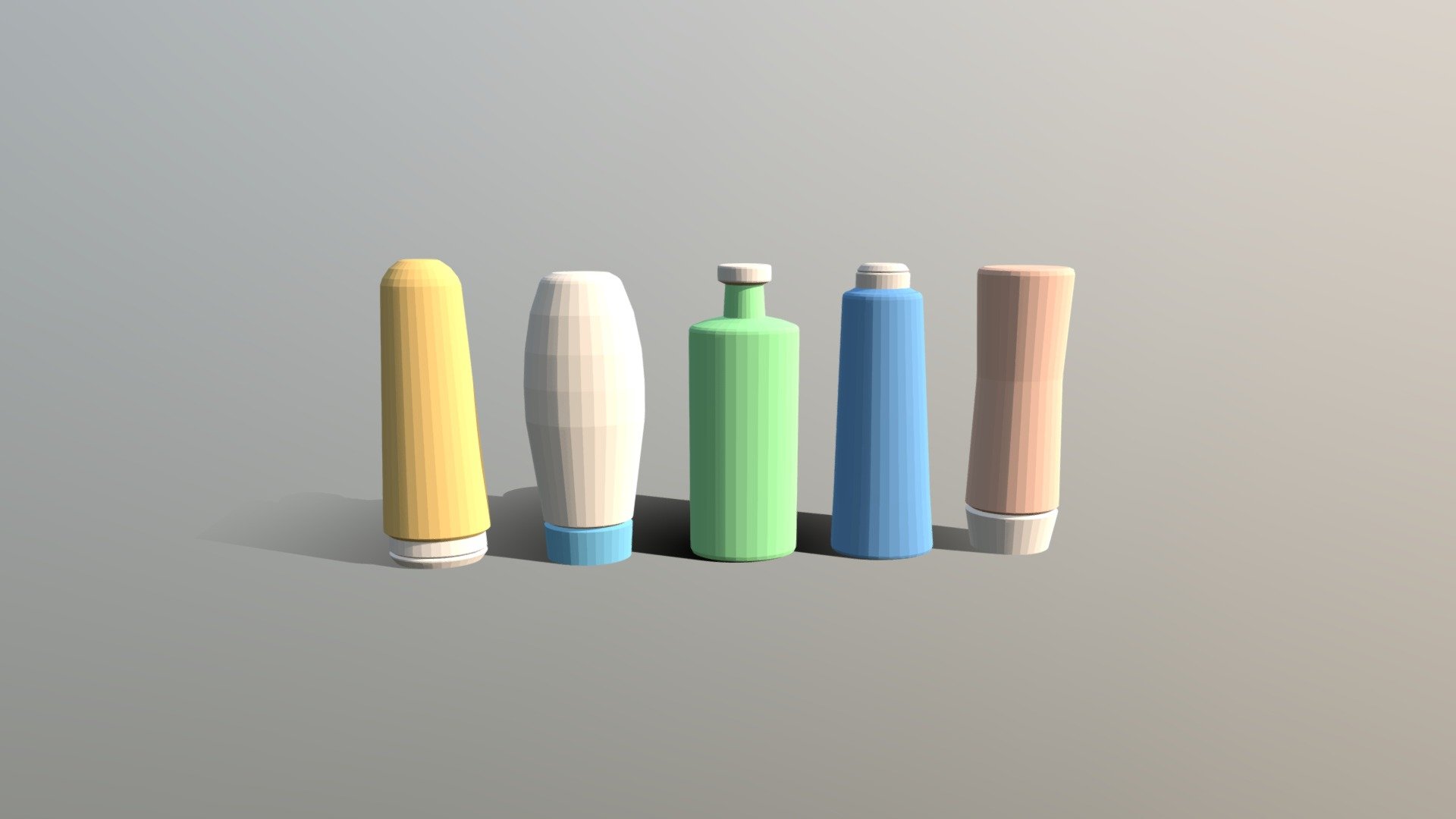 This is a 3d model of a 5 shampoo and shower gel bottles. The bottles was modeled and prepared for cartoon style renderings, background, general CG visualization etc presented as 5 meshes with quads only.

Verts : 2.730 Faces: 2.720

The 3d bottles have simple materials with diffuse colors.

No ring, maps and no UVW mapping is available.

The original file was created in blender. You will receive a 3DS, OBJ, FBX, blend, DAE, Stl.

All preview images were rendered with Blender Cycles. Product is ready to render out-of-the-box. Please note that the lights, cameras, and background is only included in the .blend file. The model is clean and alone in the other provided files, centred at origin and has real-world scale 3d model