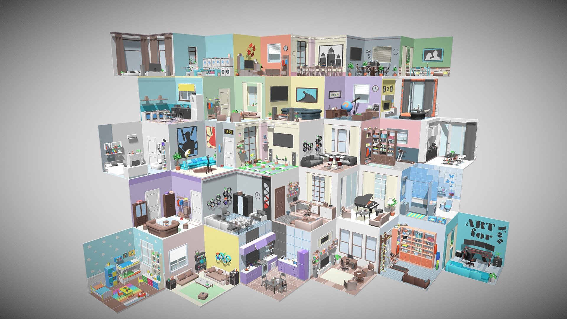 low poly interior / interior / room / furniture / houses/ game ready assets

room types: guest room / hall / bedroom / playroom / bathroom / storage room / hallway / recreation room

** 165k triangles full set.**

cabinets, beds, sofas, bedside tables, chairs, musical instruments, tables, plants, paintings, kitchen appliances, refrigerators, gas stoves, interior appliances, household appliances, with this set you can create any room, apartment!

Used for games, rendering, advertising.

One texture and one material are used for the whole set.

files: blender c4d  maya 3dsmax fbx  obj

If you liked this set, please leave a review! It will help me to create even more product and please you! - Cartoon interior 1 - Buy Royalty Free 3D model by 7ka (@Verasavy) 3d model