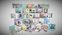 Cartoon interior 1 room, bathroom, assets, bedroom, study, furniture, hallway, props, kitchen, appartments, cartoon, game, mobile, house, city, decoration, interior, modular, wall, simps