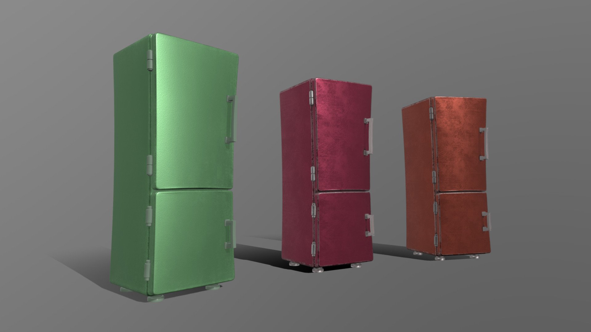 A set of low-poly cartoony curved fridges made in 3ds Max 2017 and textured in Substance Painter. Each model has 2888 polygons and 2850 vertices.

Model details:




Models are cosmetic and aren't supposed to open. Inner parts have basic textures but there are no shelves etc. For aestetic purposes only!

Nothing is animated nor rigged

Legs share same texture set (overlapping UVs)

Every part of the model is unwrapped to a single 2k UV set

Every part of t he model is named properly, all textures are named properly

Models are centered to 0.0.0 scene coordinates

Textures aren't embedded into model files and have to be plugged in separately

Model has to be rescaled to match your scene size

Model pack includes .fbx, .max, .obj and .blend files

Texture pack includes .png textures for Arnold, Corona, Vray, Unity HD + .png/.jpeg/.targa files for UE4

As usual: best wishes and have a nice day!:D - Three cartoony low-poly curved fridges - 3D model by Art-Teeves 3d model