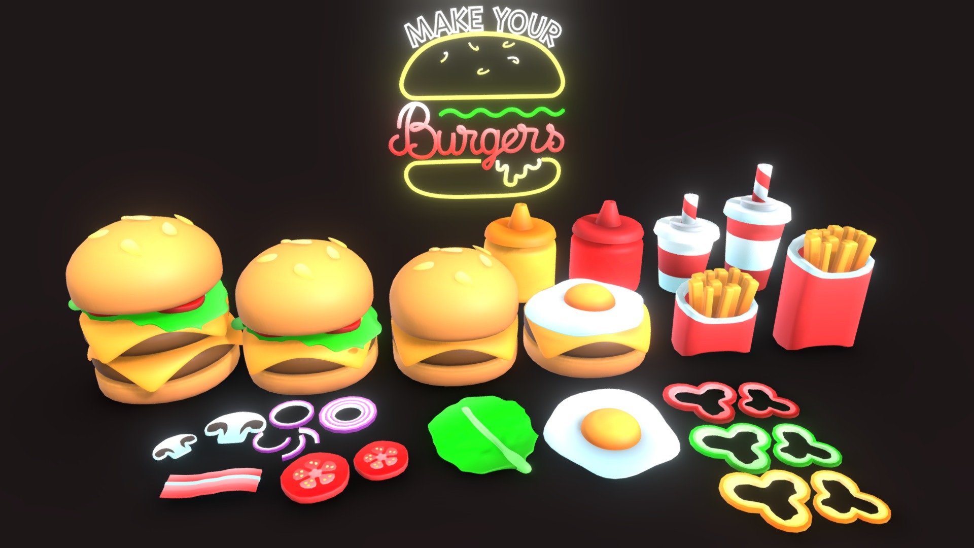 Let's create the burgers of your dreams for video games in unreal or unity, or any animation movie !

✔️ Can be rendered with lit or unlit shader for a more cartoon look.

✔️ Modular asset pack

✔️ Two level of details 

✔️ Single texture map with gradient atlas color - .psd &amp; .jpg

✔️ Separated .fbx.

🔍 Poly details : H - L 🔍

🍞 Top Bread: 3k tris - 1236 tris

🍞 Bottom Bread: 1k tris - 464 tris

🥩 Steak: 768 tris - 336 tris

🧀 Cheese: 5.1k tris - 1k tris

🍳 Egg: 2.2k tris - 560 tris

🍅 Tomato: 9.9k tris - 3.5k tris

🧅 Onions: 70- 200 tris - 70- 200 tris

🥓 Bacon: 2.1k tris - 1k tris

🍄 Mushroom: 1.5k tris - 886 tris

🌶️ Peppers: 550 tris - 550 tris

🍟  Fries : 4k tris -  2.1k tris

🥤 Drinks: 3k tris - 1.3k tris

🥫 Sauces: 760 tris - 356 tris

💡 Vintage neons: 23k tris - 6.5k tris

🥗 Salad: 10.6 tris - 740 tris

✔️ Commercial use of the assets
❌ Cannot be sold as any sort of asset/resource on a any marketplace.

Please feel free to contact me if you have any problem with the assets 3d model