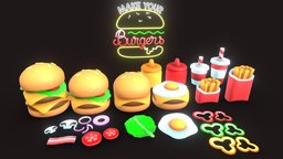 Stylized Burger Asset Pack drink, burger, food, toon, cute, mushroom, lod, assets, restaurant, egg, vintage, pack, fast, bread, hamburger, neon, steak, fries, pepper, muffins, mcdonalds, salad, bacon, lods, gamepack, fast-food, mcdo, cartoon, lowpoly, stylized, coco-jinjo