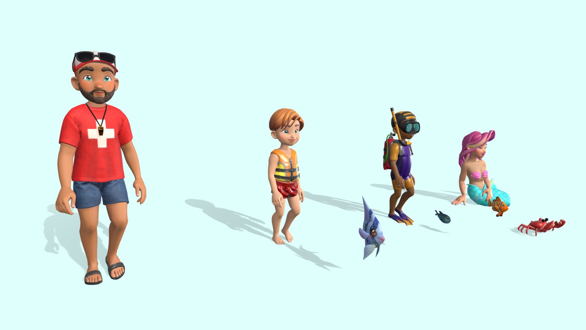 Characters pack and animals pack from the KEKOS Tropical Beach package.

Ready to import in your preferred videogame engine or 3D software.

The package include the following models: Lifeguard, beach boy, diver, siren, 3 fishes and 1 crab.

FORMAT:

FBX

POLYGON COUNT:

Character: ~20k Triangles

Animals: ~2.5k Triangles

TEXTURES:

THE SIREN INCLUDES TWO DIFFERENT SKIN AND HAIR COLORS (Hair blue and pink, two skin tones).

THE CRAB INCLUDES TWO DIFFERENT COLORS (Red and Golden).

PBR Textures: Diffuse + Normal map + Metallic (R) / Smoothness (A) / Ambient Oclussion (G) + Emissive (for one fish)

Size: 2048x2048 for most of the assets. A few 4096x4096 for detailed parts.

PNG format

RIG:




Full human rig for characters.

27 blendshapes for face expresions for characters.

Simple rig for fishes and crab.

ANIMATIONS:

Characters (except Siren):




Idle

Walk

Run

Jump

All Characters:




Floating

Sit

Animals:




Move
 - Kekos Tropical Beach - Characters and animals - Buy Royalty Free 3D model by Mameshiba Games (@MameshibaGames) 3d model