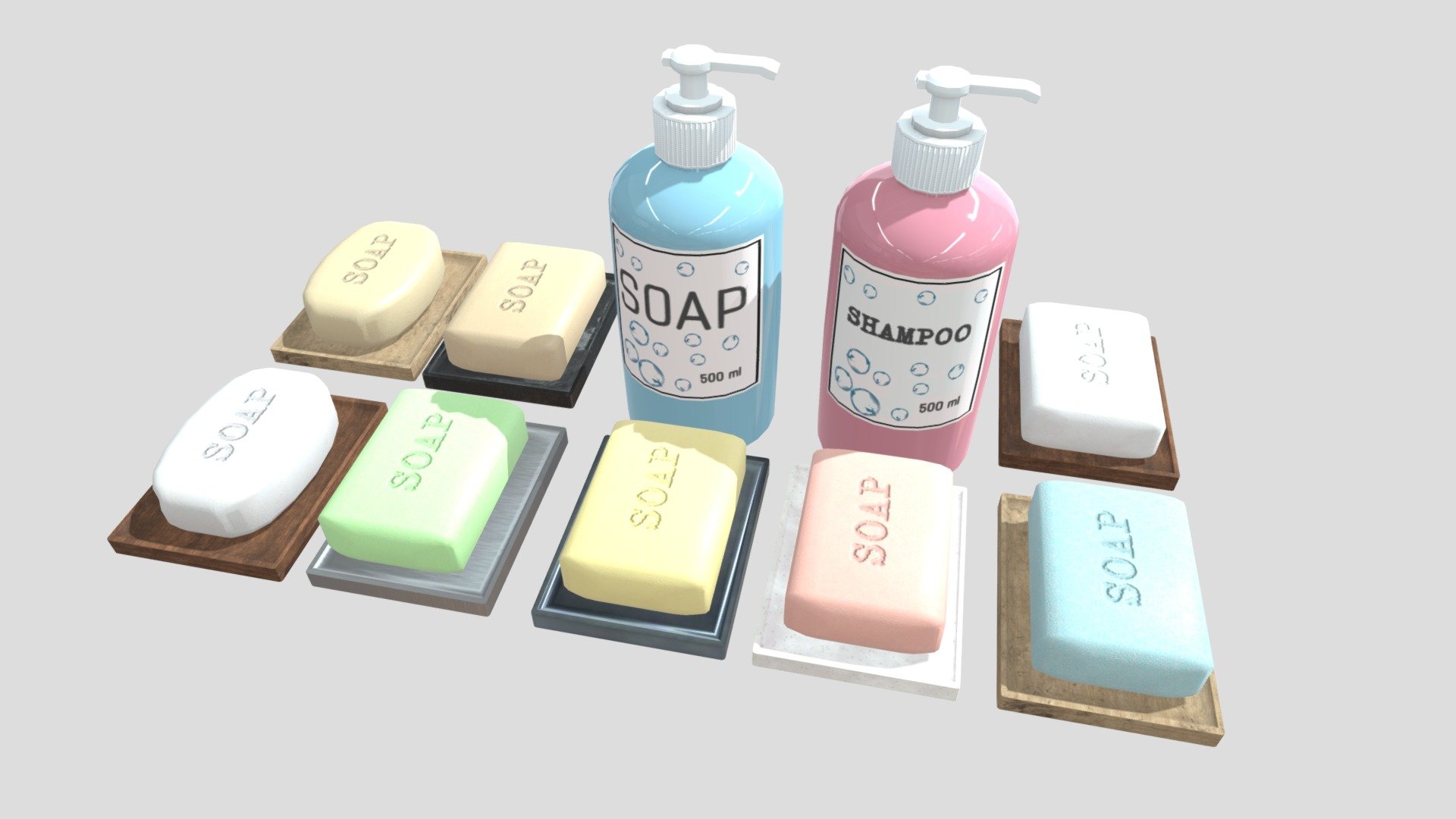 Some sortiment of soap pieces and trays, pump bottles with labels soap and shampoo.

Zip file includes FBX DAE OBJ and PNG formats

Pump bottle has separate parts for pump top 3d model