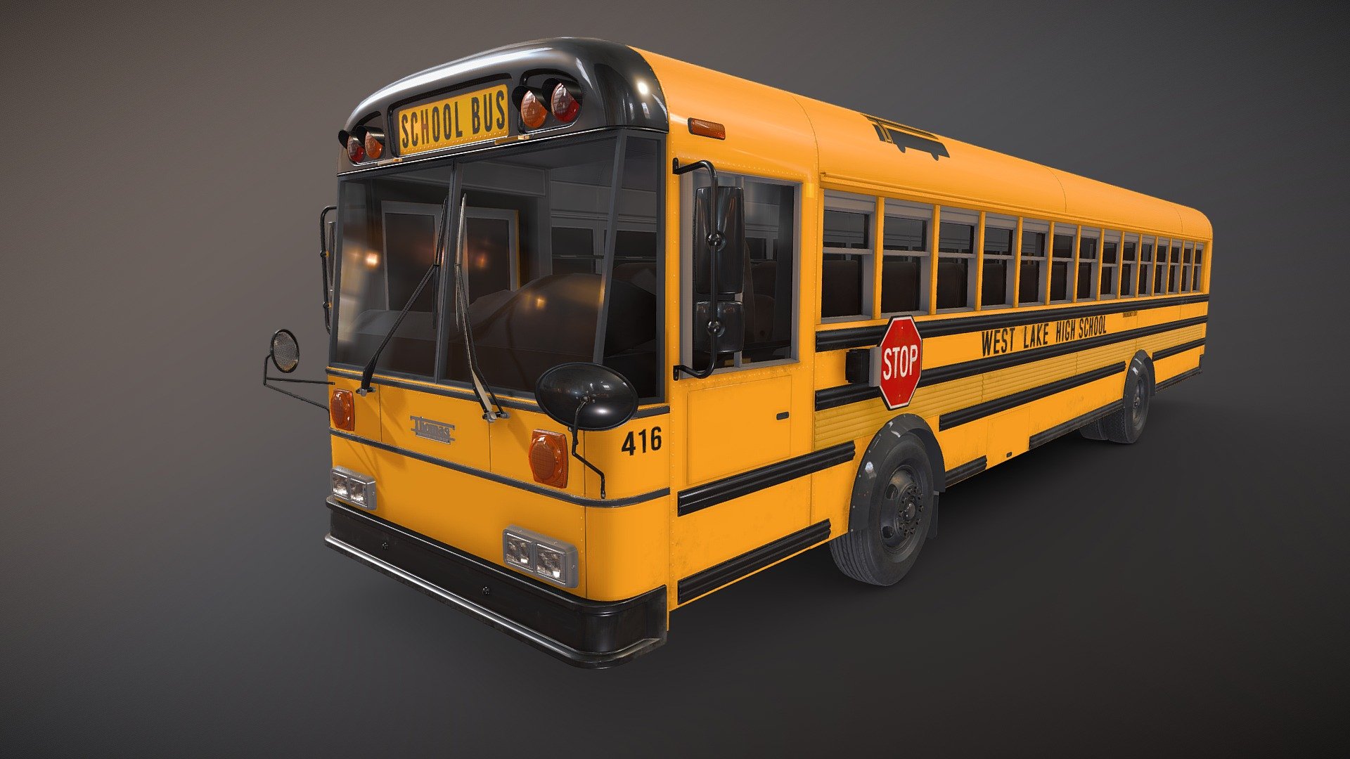 School bus Thomas Build 1994 game ready model.

Full textured model with clean topology.

High accuracy exterior model

Different tires for rear and front wheels.

High detailed body - seams, rivets, chrome parts, wipers and etc.

Side and back doors are openable.

Lowpoly interior - 6711 tris 4737 verts

Wheels - 13478 tris 7834 verts

Full model - 63471 tris 37604 verts

High detailed rims and tires, with PBR maps(Base_Color/Metallic/Normal/Roughness.png2048x2048 )

Original scale. Lenght 11.6m , width 2.35m , height 2.8m.

Model ready for real-time apps, games, virtual reality and augmented reality 3d model