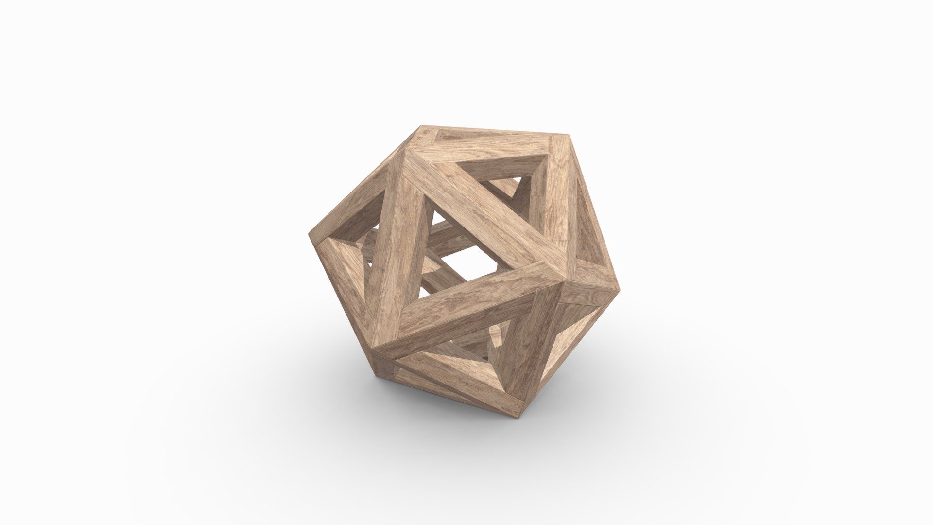 An icosahedron made of wood, for interior decoration. Approximately 20cm in diameter.

Geometry:




Quads/tris only

Not subdividable

Smooth shading with custom vertex normal data

Modelled to real-world scale, units: metres

Composed of 1 object and 1 watertight mesh

Textures:




Baked PBR textures, color, normal, roughness.

4096x4096 resolution (4K)

png format

Fully UV mapped with no overlap

Created in Blender. .blend and .fbx files have textures packed (embedded in the file) 3d model