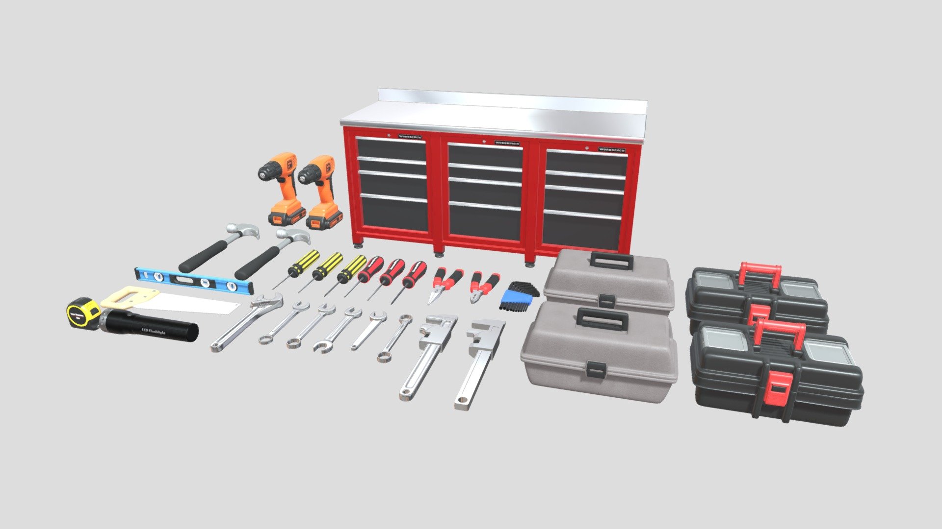 Tools and Workbench Collection that was made using Blender. This is a collection of several different tool and storage 3D models. It includes models ranging from low poly to high poly.

Features:




Includes GLTF file type instructions

Models were made using the metalness workflow and use PBR textures in PNG format

Models have been manually UV unwrapped

Blend files include pre-applied textures as well as camera and lighting setups

Extra lighting has been provided by included HDR maps downloaded from HDRi Haven

Includes native blend files for each model

All models have been exported in 4 file formats (FBX, OBJ, GLTF/GLB, DAE/Collada)

Included Textures:




AO, Diffuse(Alpha), Roughness, Gloss, Metallic, Normal

UVLayout

The source file that is uploaded is for demonstration use and is uploaded in FBX format. In the additional file you will find all model exports and the textures that go along with them 3d model