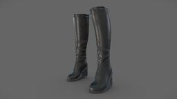 Female Black Leather Wedge Heels Calf Boots
