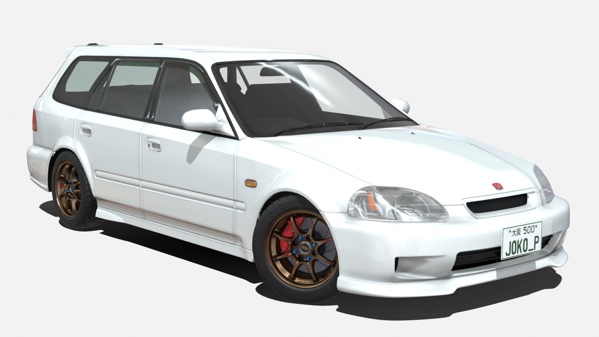 This is a 1999 Honda Orthia Wagon with a Civic EK9 front swap. Honda Orthia is a station wagon made and sold exclusively in Japan and is based on the 6th generation of the Civic, hence why the front swap is so popular and looks so good! This exact build is inspired by a real Orthia in Thailand that I saw on Facebook.
Carbon fiber textures (in wheel caps) from ambientCG.com (CC0).

Some renders :


 - Honda Orthia Wagon (EK9 Civic Front Swap) - Buy Royalty Free 3D model by Joko_P 3d model