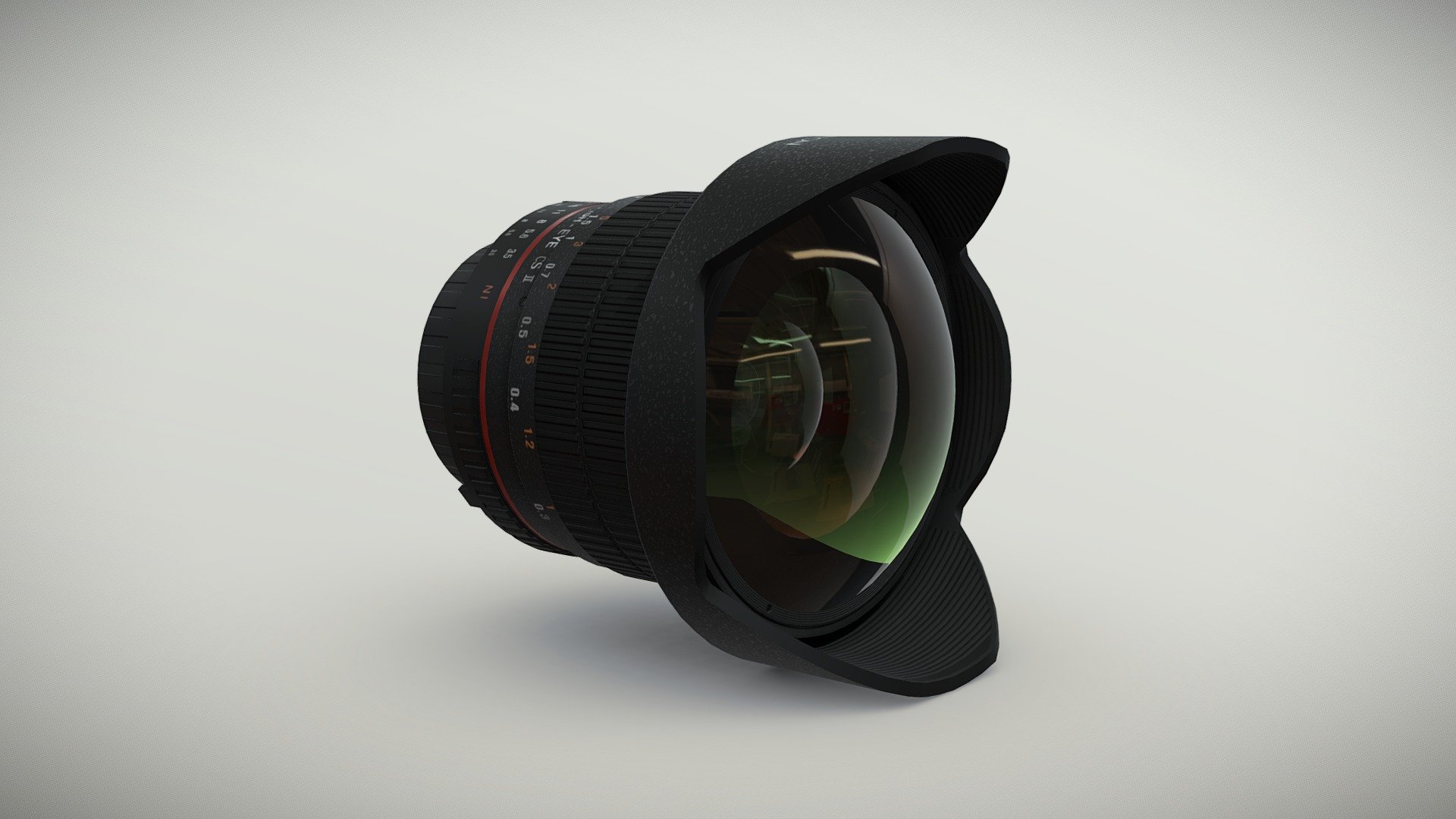 •   Let me present to you high-quality low-poly 3D model Rokinon 8mm f/3.5 AS IF UMC Fish-eye CS II AE Nikon F mount Lens. Modeling was made with ortho-photos of real lens that is why all details of design are recreated most authentically.

•    This model consists of three meshes, it is low-polygonal and it has three materials (for Lens body and Glass of Lens).

•   The total of the main textures is 4. Resolution of all textures is 2048 pixels square aspect ratio in .png format. Also there is original texture file .PSD format in separate archive.

•   Polygon count of the model is – 7493.

•   The model has correct dimensions in real-world scale. All parts grouped and named correctly.

•   To use the model in other 3D programs there are scenes saved in formats .fbx, .obj, .DAE, .max (2010 version).

Note: If you see some artifacts on the textures, it means compression works in the Viewer. We recommend setting HD quality for textures. But anyway, original textures have no artifacts 3d model
