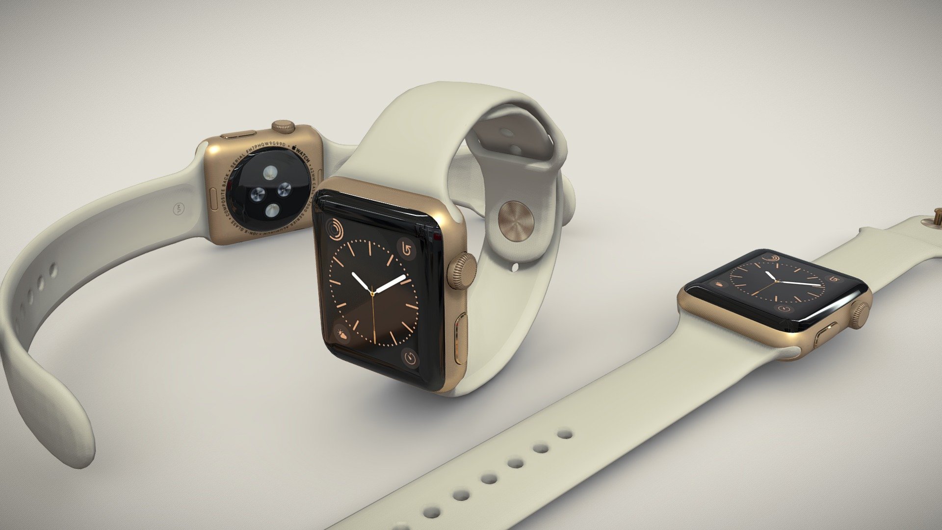 •   Let me present to you high-quality low-poly 3D model Apple Watch 42mm Gold Aluminum Case with Antique White Sport Band. Modeling was made with ortho-photos of real watch that is why all details of design are recreated most authentically.

•    This model consists of two meshes, it is low-polygonal and it has only one material. 

•   The total of the main textures is 5. Resolution of all textures is 4096 pixels square aspect ratio in .png format. Also there is original texture file .PSD format in separate archive.

•   Polygon count of the model is – 4294.

•   The model has correct dimensions in real-world scale. All parts grouped and named correctly.

•   To use the model in other 3D programs there are scenes saved in formats .fbx, .obj, .DAE, .max (2010 version).

Note: If you see some artifacts on the textures, it means compression works in the Viewer. We recommend setting HD quality for textures. But anyway, original textures have no artifacts 3d model