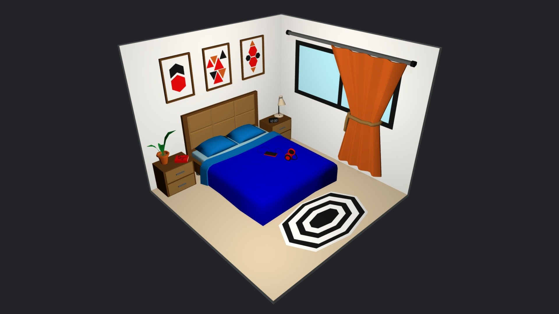 Low poly room is ready to be used for games, rendering and advertising.

This is a guest room complete with furniture. Measures 5 m x 5 m.

This set includes 20 unique props: bedside tables / bed / pillows / curtains / plants / appliances / rug and accessories and much more!

Technical details:

The whole room has:




Vertex: 2651

Faces: 2385

Tris: 4687

Has only one color texture (2048/1024/512/256 /128px) and one material for the entire game set.

Unwrapped UVs - Overlapping.

files: blender  fbx  obj 

Feel free to download it and leave your reviewes, comments and likes. This will help us create more products for you :) - Bed Room 3 Low-poly 3D model - Buy Royalty Free 3D model by Mnostva 3d model