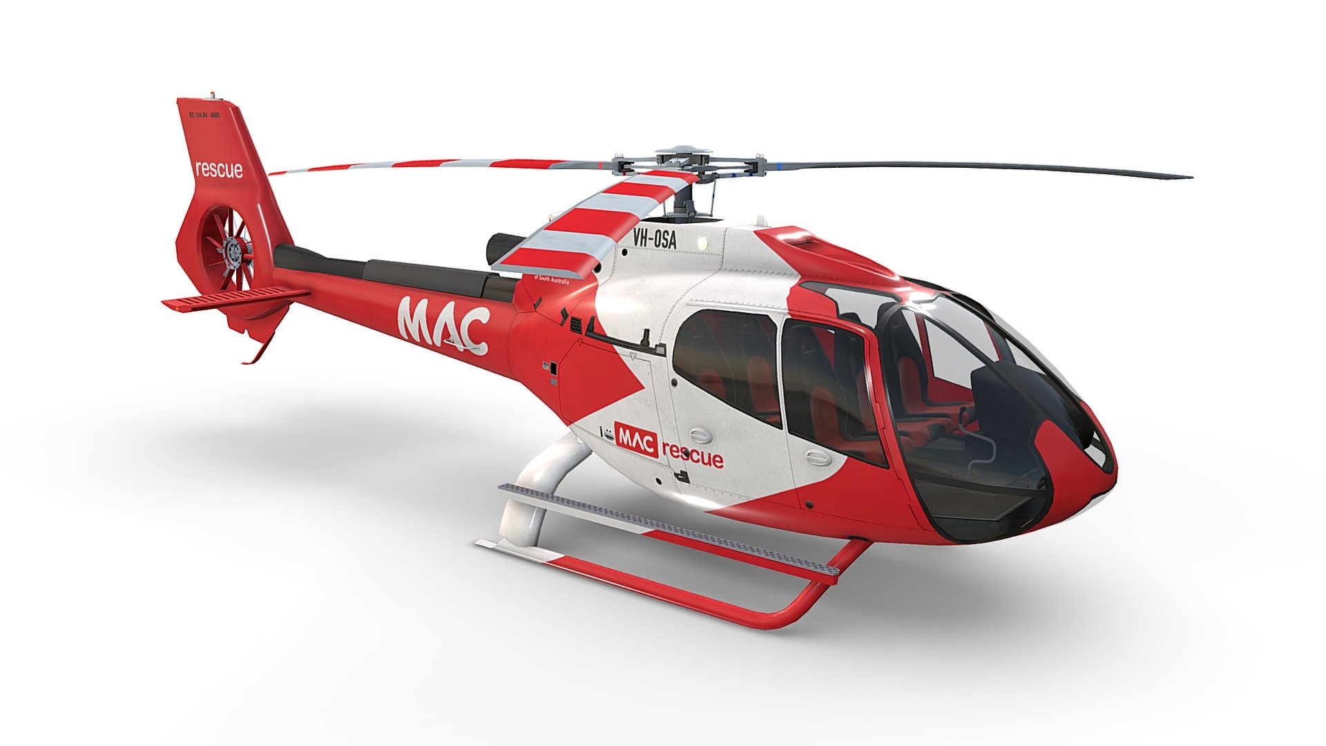 MAC Rescue Helicopter Airbus H130 Livery 2. Game ready, realtime optimized Airbus Helicopter H130 with high visual accuracy. Both PBR workflows ready native 4096 x 4096 px textures. Clean lowpoly mesh with 4 preconfigured level of details LOD0 19710 tris, LOD1 10462 tris, LOD2 7388 tris, LOD3 5990 tris. Properly placed rotors pivots for flawless rotations. Simple capsule built interior that fits perfectly the body. 100% human controlled triangulation. All parts 100% unwrapped non-overlapping. Made using blueprints in real world scale meters. Included are flawless files .max (native 3dsmax 2014), .fbx, and .obj. All LOD are exported seperately and together in each file format 3d model