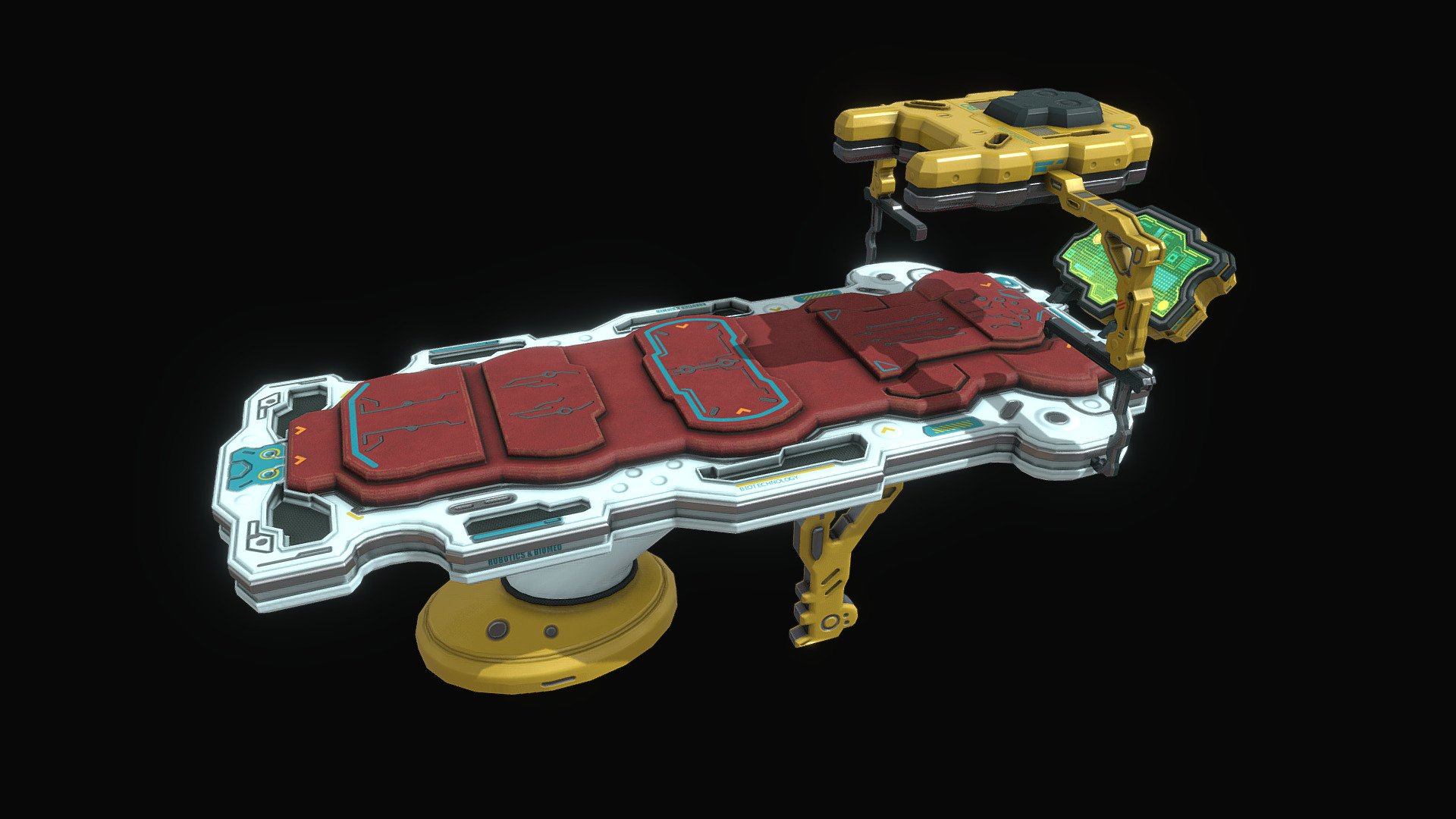 Low poly sci fi medical table environment asset.

17 280 tris.

File formats - blend, fbx, obj

Ready for games and other real time applications.

2 sets of PBR textures - 4096x4096 png format

Base color map,

Normal map,

Roughness map,

Metallic map ,

Ambient Occlusion map,

Emissive map,

Also included Substance painter texture maps presets for:

Unreal Engine 4,

Unity (Standart Metallic) 3d model