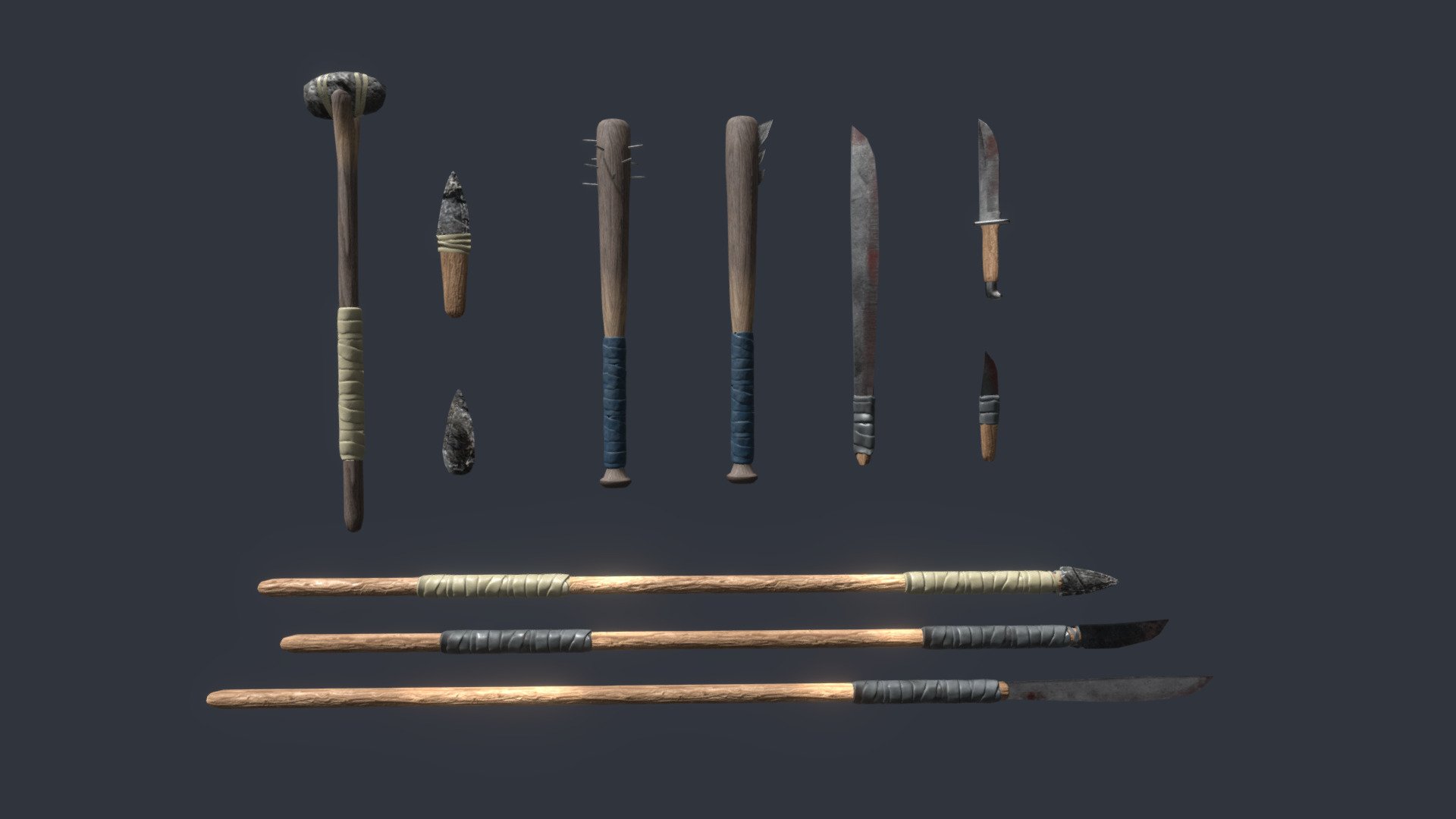 Crafted from natural and artificial materials, these makeshift weapons are suitable for survival games in modern or natural environments.

Read more about the Improvised Weapons series here: 
https://runemarkstudio.com/unity-assets/improvised-weapons/ - Improvised Melee Weapons - Buy Royalty Free 3D model by RunemarkStudio 3d model