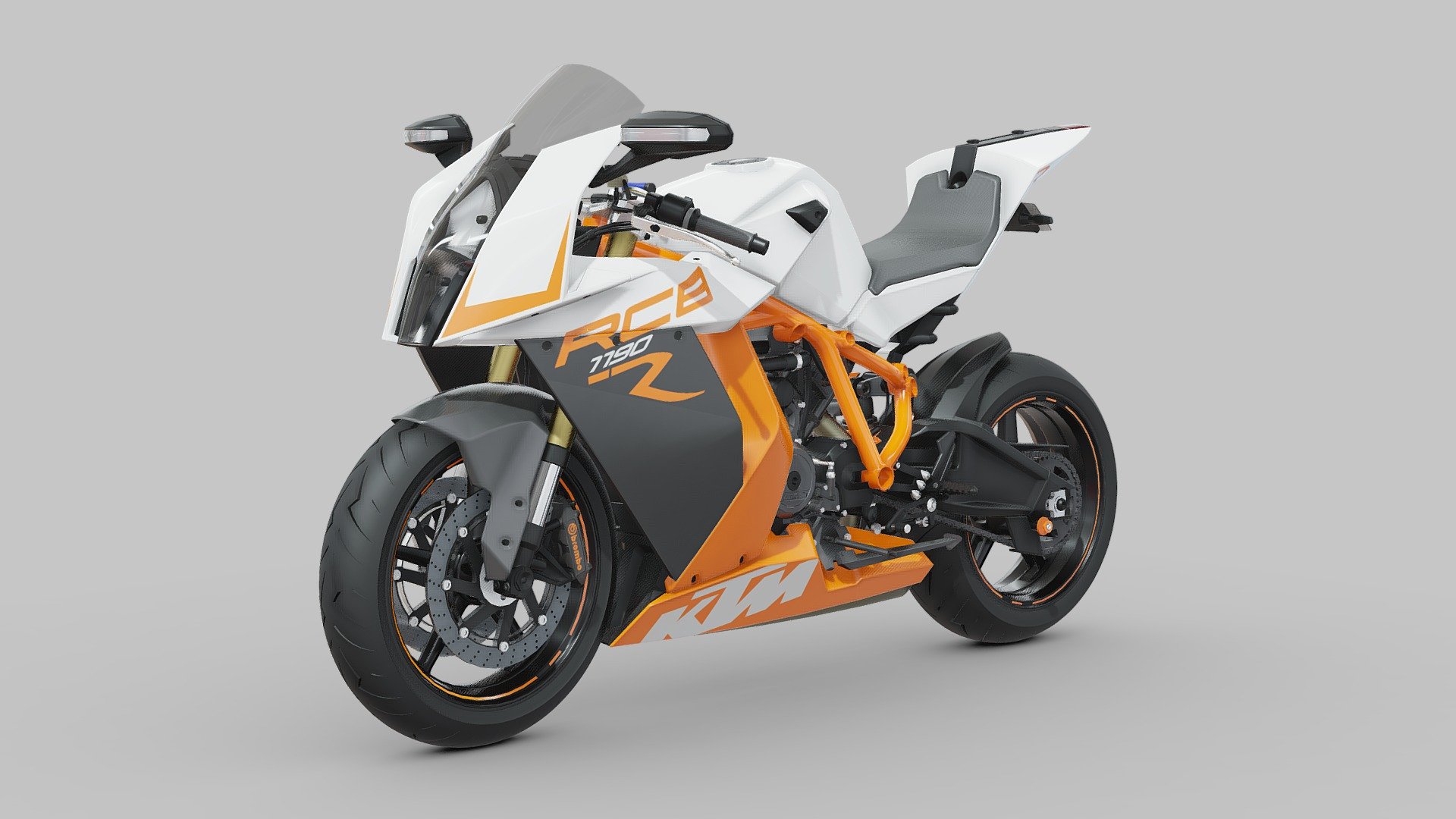 The KTM 1190 RC8 R is a high-performance sportbike designed to deliver exhilarating performance and precision handling on both the road and the track. Manufactured by the renowned Austrian motorcycle manufacturer KTM, the RC8 R is engineered with a focus on agility, power, and advanced technology. 
the heart of the RC8 R is a potent 1,195cc V-twin engine, meticulously tuned to deliver impressive power and torque throughout the rev range. With advanced fuel injection and a lightweight chassis, the RC8 R offers razor-sharp throttle response and precise control, ensuring an adrenaline-fueled riding experience. Equipped with advanced features such as adjustable suspension, Brembo brakes, and traction control, the KTM 1190 RC8 R offers exceptional handling and braking performance, making it a formidable contender on the racetrack or spirited canyon roads. For riders seeking a thrilling and uncompromising sportbike experience, the KTM 1190 RC8 R delivers adrenaline-fueled performance in a sleek and stylish package 3d model