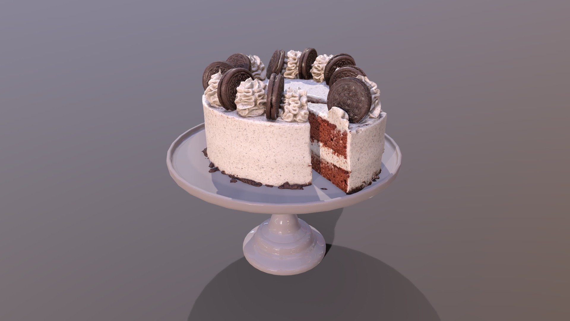 This premium Oreo Cookie Cake was created using photogrammetry which is made by CAKESBURG Premium Cake Shop in the UK. You can purchase real cake from this link: https://cakesburg.co.uk/collections/classic-cakes/products/cookies-and-cream-cake

Cut Cake Textures 4096*4096px PBR photoscan-based materials (Base Color, Normal, Roughness, Specular, AO)

Slice Textures 4096*4096px PBR photoscan-based materials (Base Color, Normal, Roughness, Specular, AO)

Click here for the uncut version.

Click here for a slice of cake model.** - Sliced Oreo Cookie Cake - Buy Royalty Free 3D model by Cakesburg Premium 3D Cake Shop (@Viscom_Cakesburg) 3d model