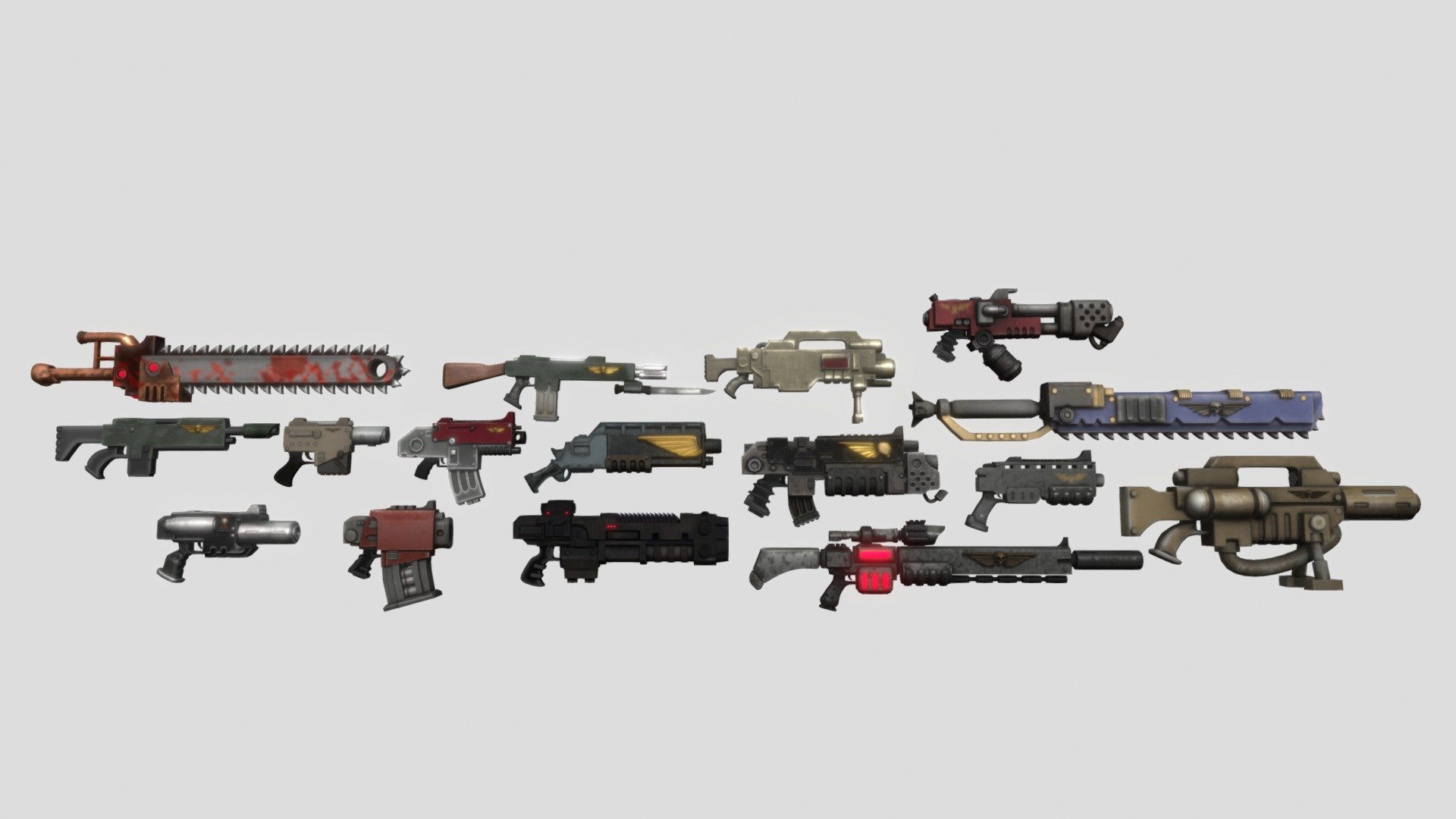hello everyone i'm a fan of warhammer 40k I tried to create the definitive gun pack of this fiction universe, this pack have:

1.) 2 chainsaw sword 
2.) 3 imperial pistols 
3.) 3 space marine bolters 
4.) 1 imperial sniper
5.) 3 imperial rifles 
6.) 1 shootgun 
7.) 2 guard bolters 
8.) 1 flamethrower

this collection is so important for me because it took me so much time and I hope you enjoy.

thanks to read it :D

i’m a 3d modelator of colombia. if you want to contact me you can do in: juancamilojr0212@gmail.com or in discord: batman_comunista#3772 and follow me in instagram: https://www.instagram.com/juanjimenez0212/?hl=es-la - definitive warhammer pack of guns - Buy Royalty Free 3D model by mister_monopoly 3d model