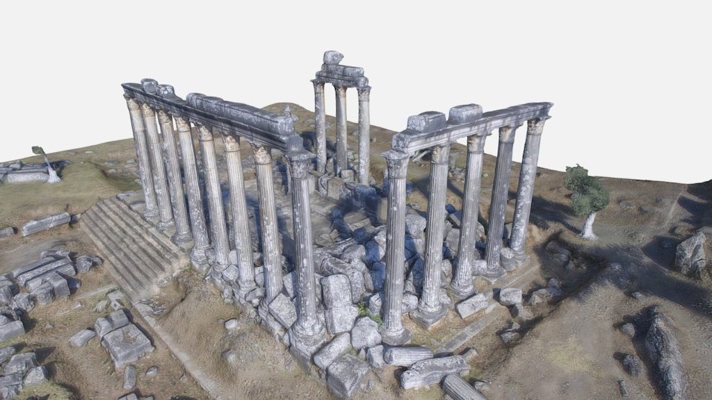 Photogrammetry of Euromus Temple. 

Euromus (Greek: Εὔρωμος) – also, Eunomus and Eunomos; earlier Kyromus and Hyromus – was an ancient city in Caria, Anatolia; the ruins are approximately 4 km southeast of Selimiye and 12 km northwest of Milas (the ancient Mylasa), Muğla Province, Turkey. Probably dating from the 6th century BC,  Euromus was a member of the Chrysaorian League during Seleucid times. Euromus also minted its own coins from the 2nd century BC to the 2nd century AD.

The ruins contain numerous interesting buildings, the most outstanding of which is the temple of Zeus Lepsinos from the reign of Emperor Hadrian. Archaeologists have found terra cotta shards indicating that the temple site had its origins back at least to the 6th century BC. The temple is one of the best preserved classical temples in Turkey: sixteen columns remain standing and most of the columns are inscribed in honour of the citizen who commissioned their construction. Carian rock-cut tombs are also found at Euromus 3d model