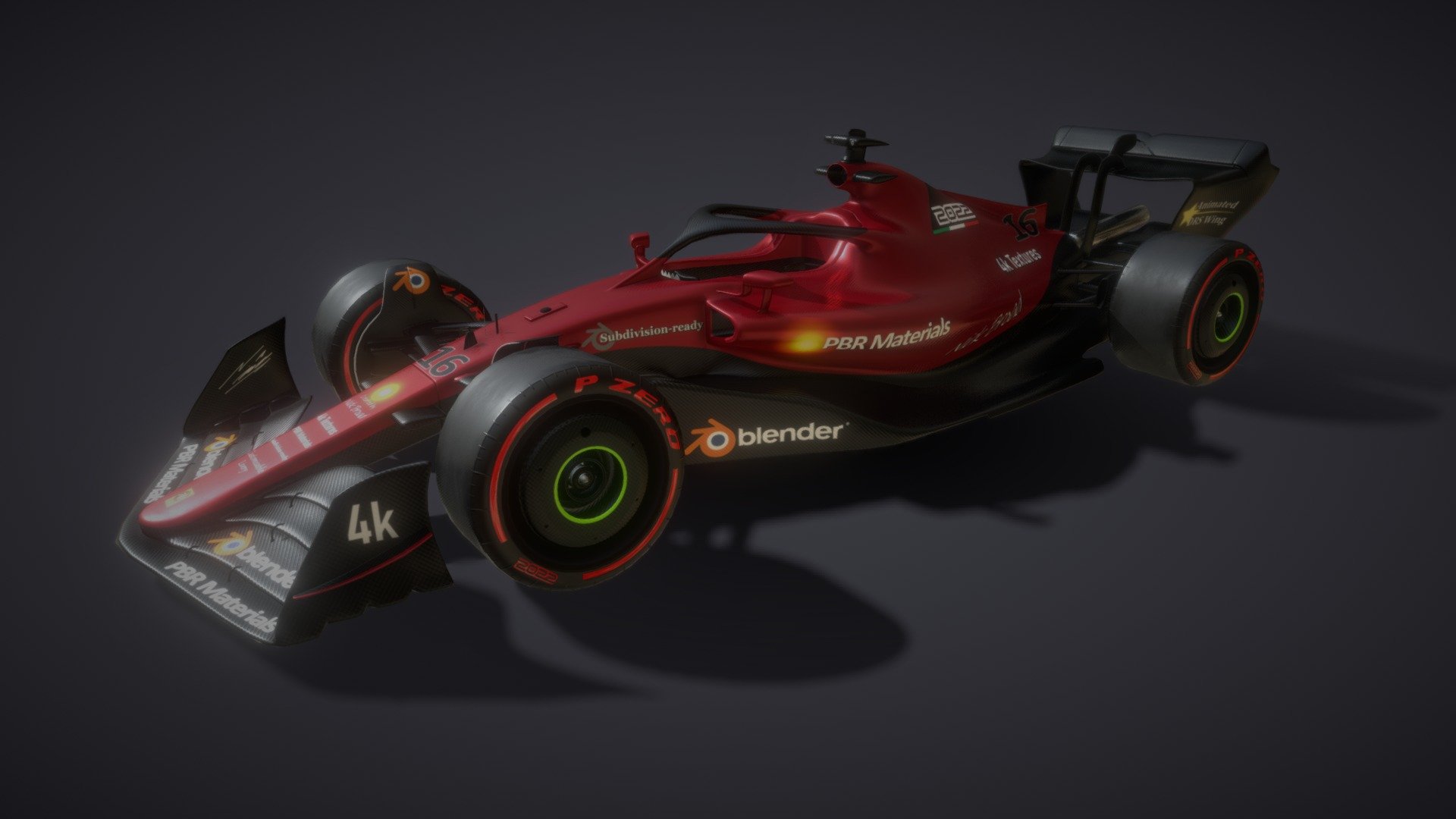 Royalty free Formula 1 car modelled in stunning detail to accurately represent the new generation of F1 cars for the 2022 season. The model includes a fully rigged and animated DRS rear wing, removable wheels and removable front wing (see images below). The model is subdivision-ready with 4k textures and the included Photoshop texture files easily allow you to create your own designs. The current design uses a Rosso Red livery and can be customised as you wish using the included texture files.

Additional files include FBX, OBJ and STL exports, along with PSD texture files for creating your own designs, and extra textures for different tyre compounds (soft, medium and hard).

Photoshop layers are clearly labelled to allow you to easily create your own designs:


Blender file is set up for you to immediately start rendering:


Front wing and wheels can be easily removed:
 - F1 2022 Rosso Livery Template - Buy Royalty Free 3D model by Nick Broad (@nickbroad) 3d model