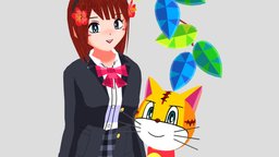 Emily and Orange are friends😆 cat, cute, originalcharacter, animegirl, schoolgirl, botanical, girl, cartoon, blender