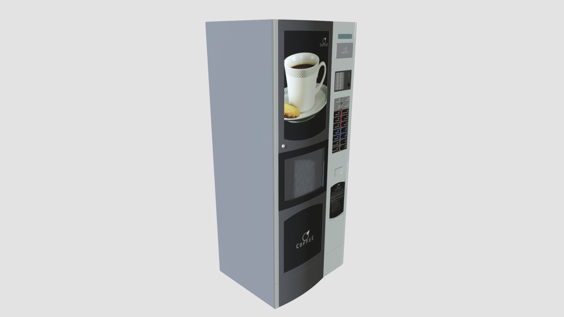 Highly detailed model of coffee vending machine with all textures, shaders and materials. It is ready to use, just put it into your scene 3d model