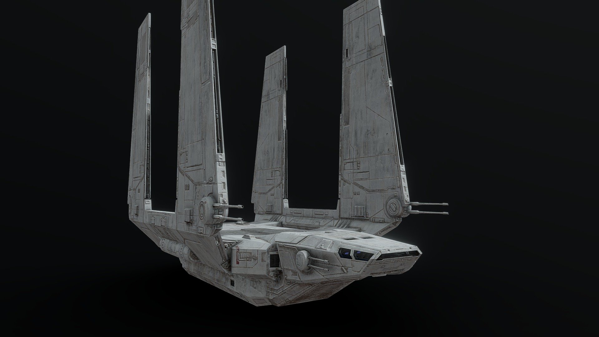 A low poly Zeta-class shuttle, as seen in Rogue One and Jedi: Fallen Order! My most detailed texture yet. This model is probably about 85% accurate, although I've gone for a more standard imperial gray to match the Lambda shuttle, rather than the black and orange we first saw in Rogue One. Fits in really well with the rest of the Empire's fleet.

The wings and laser cannon turrets are all separate objects with the correct pivot points to rotate into flight mode. A few areas are very slightly simplified to keep the polycount low, and everything uses the same 2048x2048 textures. It also has a rough cockpit interior just with some glowing lights to add a bit of depth, but if you want to save performance you can delete it and make the windows opaque. Enjoy! As with my other ships, it is modeled to the correct accurate scale 3d model