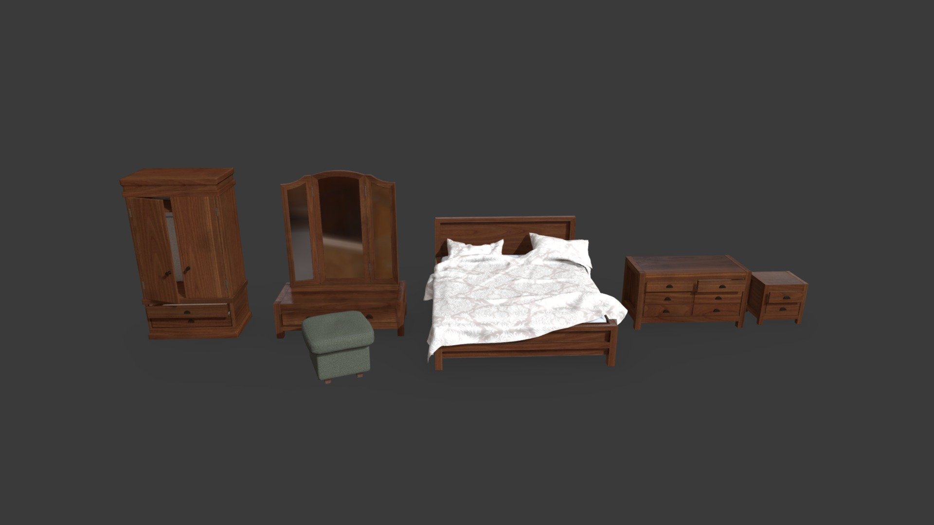 Bedroom Furniture Set




Pack contains 6 low poly models.

Modes are Game-Ready/VR ready.

Models are UV mapped and unwrapped (non overlapping).

Assets are fully textured, 512x512, 1024x1024, 2048x2048 .png’s. PBR

Models are ready for Unity and Unreal game engines.


File Format: .FBX




Additional zip file contains all the files.


 - Bedroom Furniture Set | Game Assets - Buy Royalty Free 3D model by PropDrop (@PropDrop.xyz) 3d model