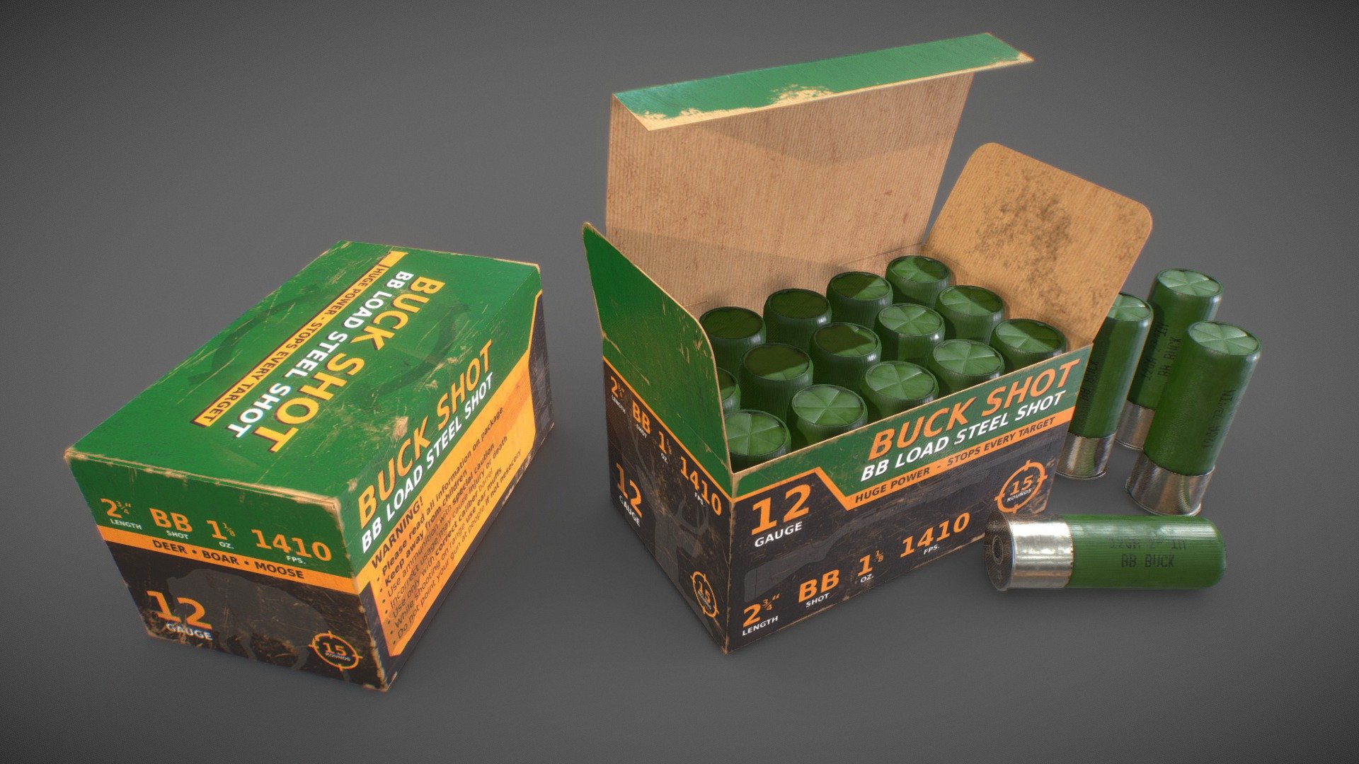 Game Art Asset. 
Shotgun ammunition box containing 12 gauge plastic shells. Opened and closed variants.
Pack includes 2048x2048k textures for the box and shells 3d model