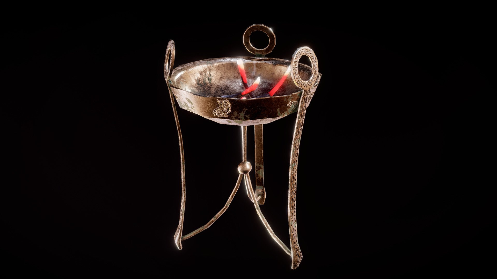 A tripod brazier made of tarnished bronze, complete with smouldering firewood. Add a fire effect to complete the asset 3d model