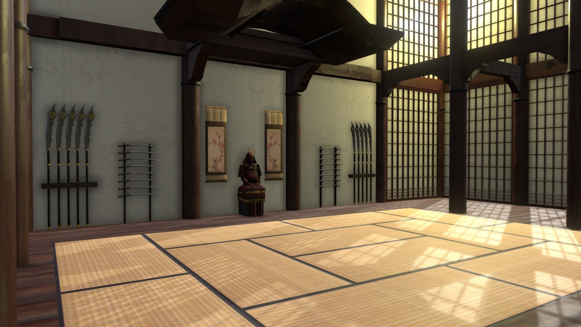 The interior dojo scene with a Samurai Armour set and weapon racks.
Maya and Z-brush.

Music: Total War Shogun 2 Menu Theme - Japanese Training Dojo - 3D model by Icarus (@Icarius) 3d model