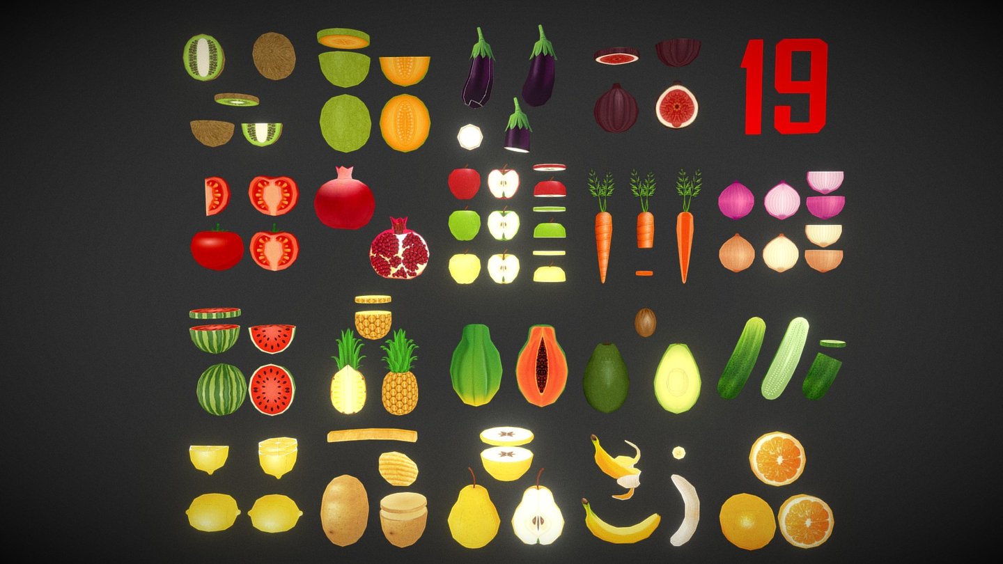 -link removed- Fruits and vegetables, 19 different items and complete forms or cut. Created models in cartoon style and with a few polygons to be used in a very simple way. They contain high quality texture. C4d original format and exported formats 3ds, dae, DXF, FBX, wrl and obj. non-overlapping UVs 3d model