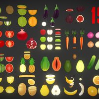 Fruits and Vegetables Low Poly pear, orange, apple, pineapple, potato, banana, carrot, tomato, cucumber, watermelon, onion, lemon, papaya, avocado, kiwi, melon, eggplant, fig, pomegranate