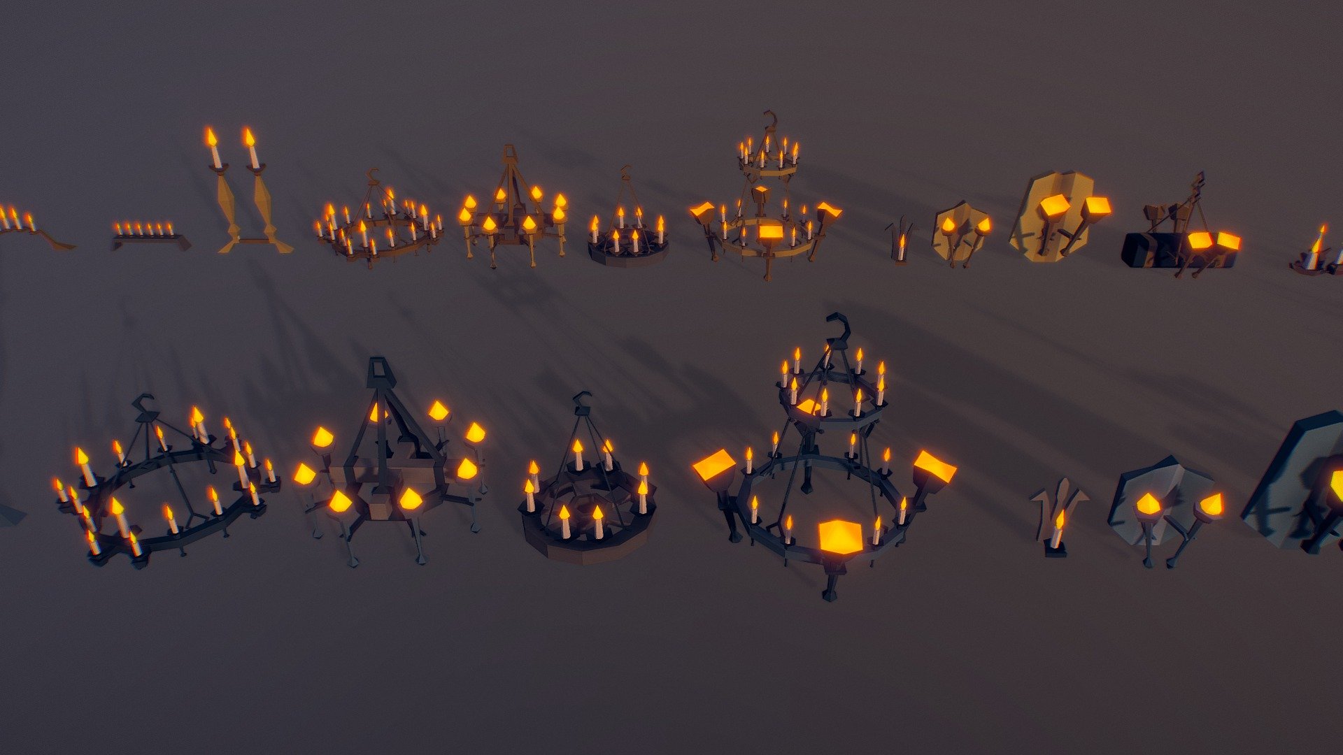 This set includes 20 optimized models of chandeliers, sconces, kerosene lamps, bunches of dried garlic  and candles. Each model in 2 or 4 color sets are in the RAR file (fbx). Full list of all models:





Chandelier (Var 1, 1 354 polygons)







Chandelier (Var 2, 636 polygons)







Chandelier (Var 3, 577 polygons)







Chandelier (Var 4, 1 170 polygons)







Chandelier (Var 5, 488 polygons)







Sconces (Var 1, 94 polygons)







Sconces (Var 2, 108 polygons)







Sconces (Var 3, 128 polygons)







Candelabrum (Var 1, 146 polygons)







Candelabrum (Var 2, 238 polygons)







Candelabrum (Var 3, 134 polygons)







Kerosene Lamp (97 polygons)







Candle (Var 1, 46 polygons)







Candle (Var 2, 38 polygons)







Candle (Var 3, 44 polygons)







Several Candles (248 polygons)







Bunch of Dried Garlic (458 polygons)







Bunch of Dried Garlic (296 polygons)







Bunch of Dried Garlic (212 polygons)







Bunch of Dried Garlic (76 polygons)


 - Chandeliers and Candles ( Low Poly ) - 3D model by Larolei Low Poly (@strix567) 3d model
