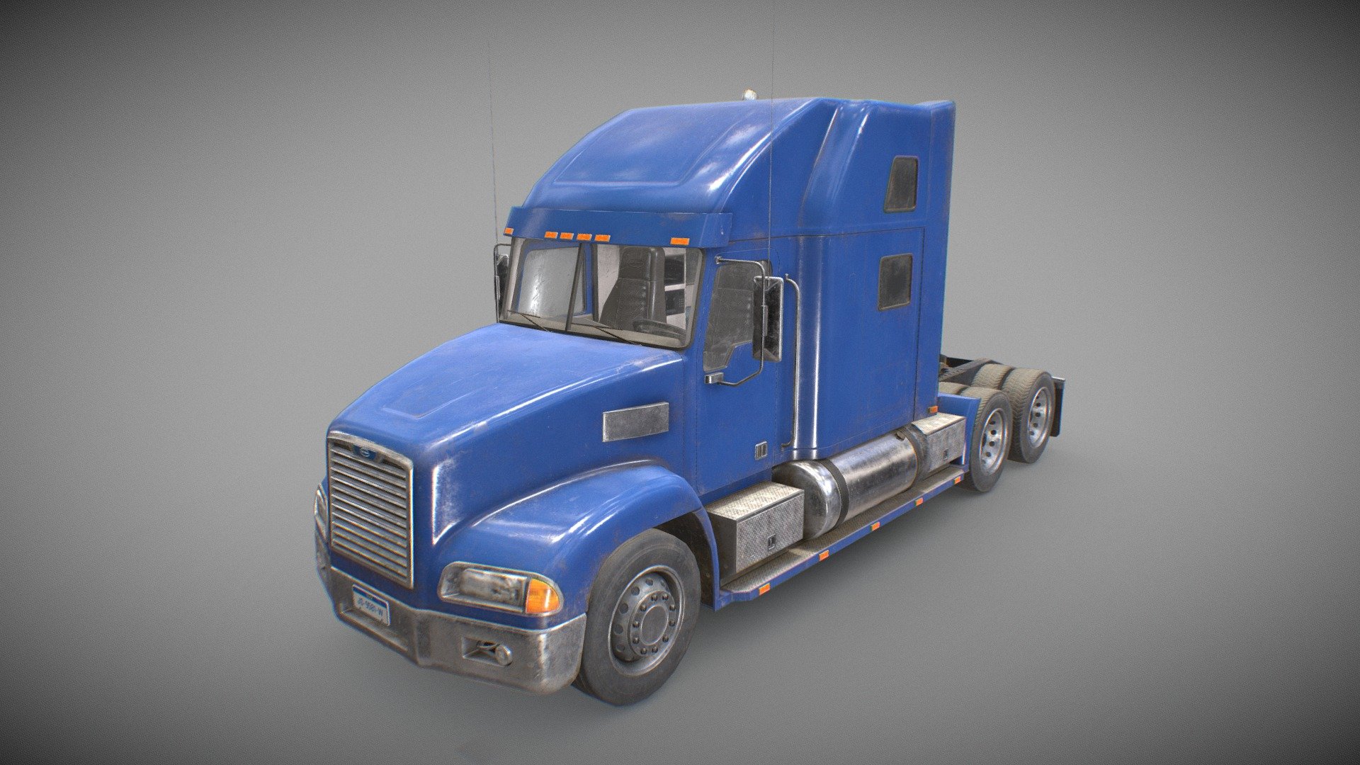 Low Poly 3D model of a Blue Semi Truck Tractor with sleeper cab:

The model is low poly (36.071 Tris), gameready and has cabin doors and wheels ready to rig/animate (not animated):




Real-world scale and centered.

The unit of measurement used for the model is centimeters

Polys: 18.562 (Converted to triangles: 36.071)

Cabin interior fully modeled and textured.

All Doors, wheels, and steering wheel can be easily rigged/animated.

PBR textures made in Substance Painter

All branding and labels are custom made.

Average texel density:  674 px/m

Second uv channel included for lightmaps.

Packed ORM tectures included for Unreal.

Maps sizes: 




Body: 4096

Chassis: 4096

Interior: 4096

Wheels: 2048

Windows: 1024

Provided Maps:




Albedo

Normal

Roughness

Metalness

AO

Opacity included in Albedo (windows)

Emissive

Formats Incuded - MAX / BLEND / OBJ / FBX 

This model can be used for any game, film, personal project, etc. You may not resell or redistribute any content - Semi Truck Tractor - Blue - Low Poly - Buy Royalty Free 3D model by MSWoodvine 3d model