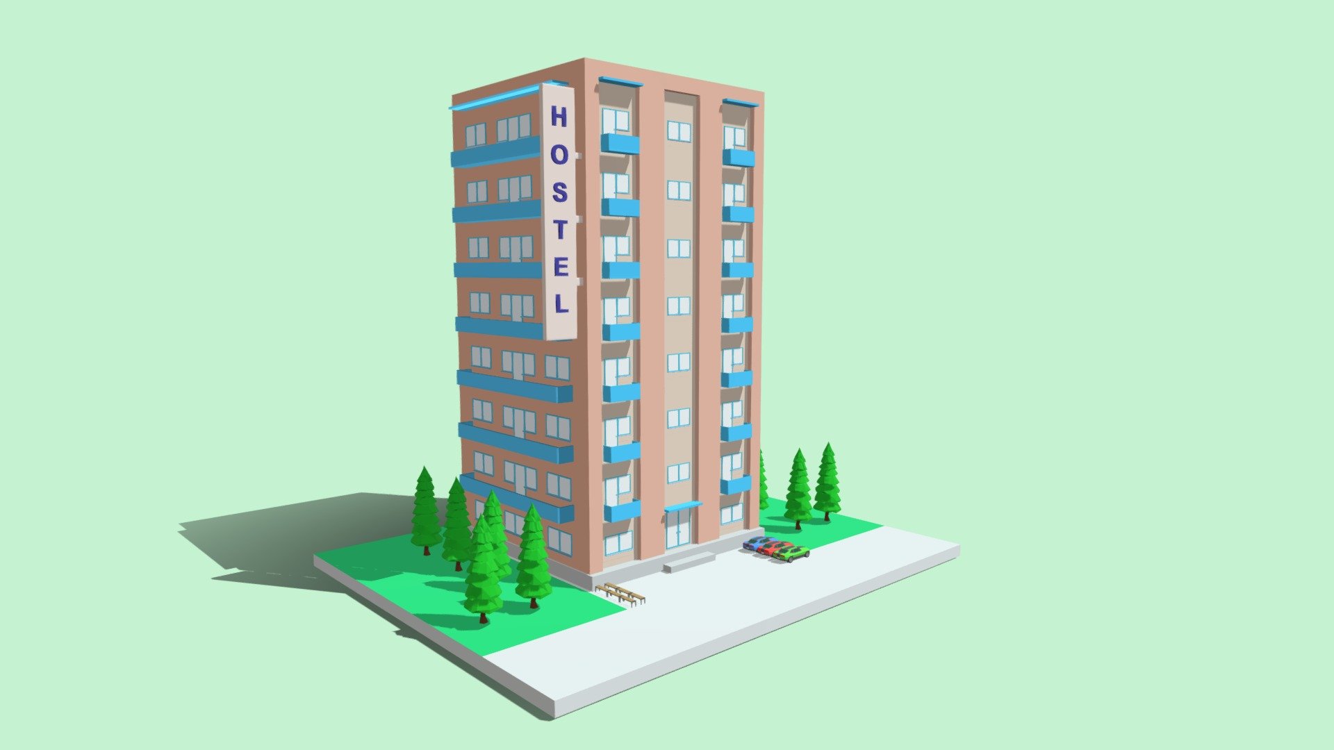 Low poly neat hostel with beatutiful coloring 3d model