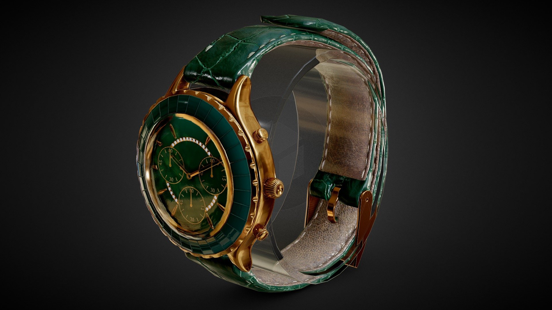 fancy golden hand watch. comes with some expamples of light setups 3d model