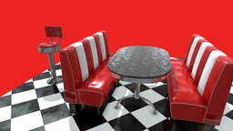 Retro Diner stool, red, bench, vintage, retro, diner, tiles, table, neon