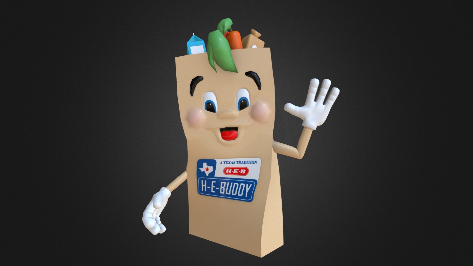 A Character model created for UTSA San Antonio Virtual Environments for the &lsquo;Any Baby Can: Walk for Autism' Virtual walk app. HeBuddy is the mascot for H-E-B Super markets, his character was designed to stand on the sidelines waving to players to encourage them 3d model