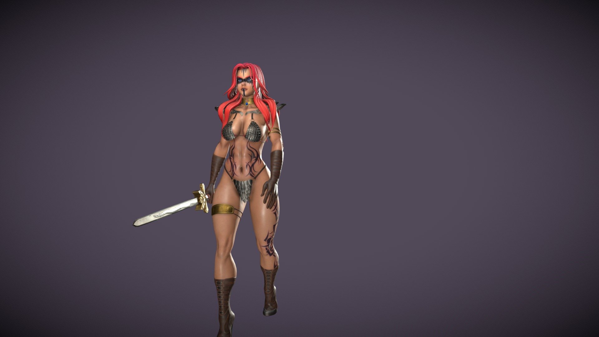 This is a model based on the character of the female warrior Red Sonja, created for Marvel Comics. 
I did time ago and now I want to share with you, hope you like it

https://www.artstation.com/artwork/mD4W91 - Red Sonja - 3D model by David_HT (@daher7) 3d model
