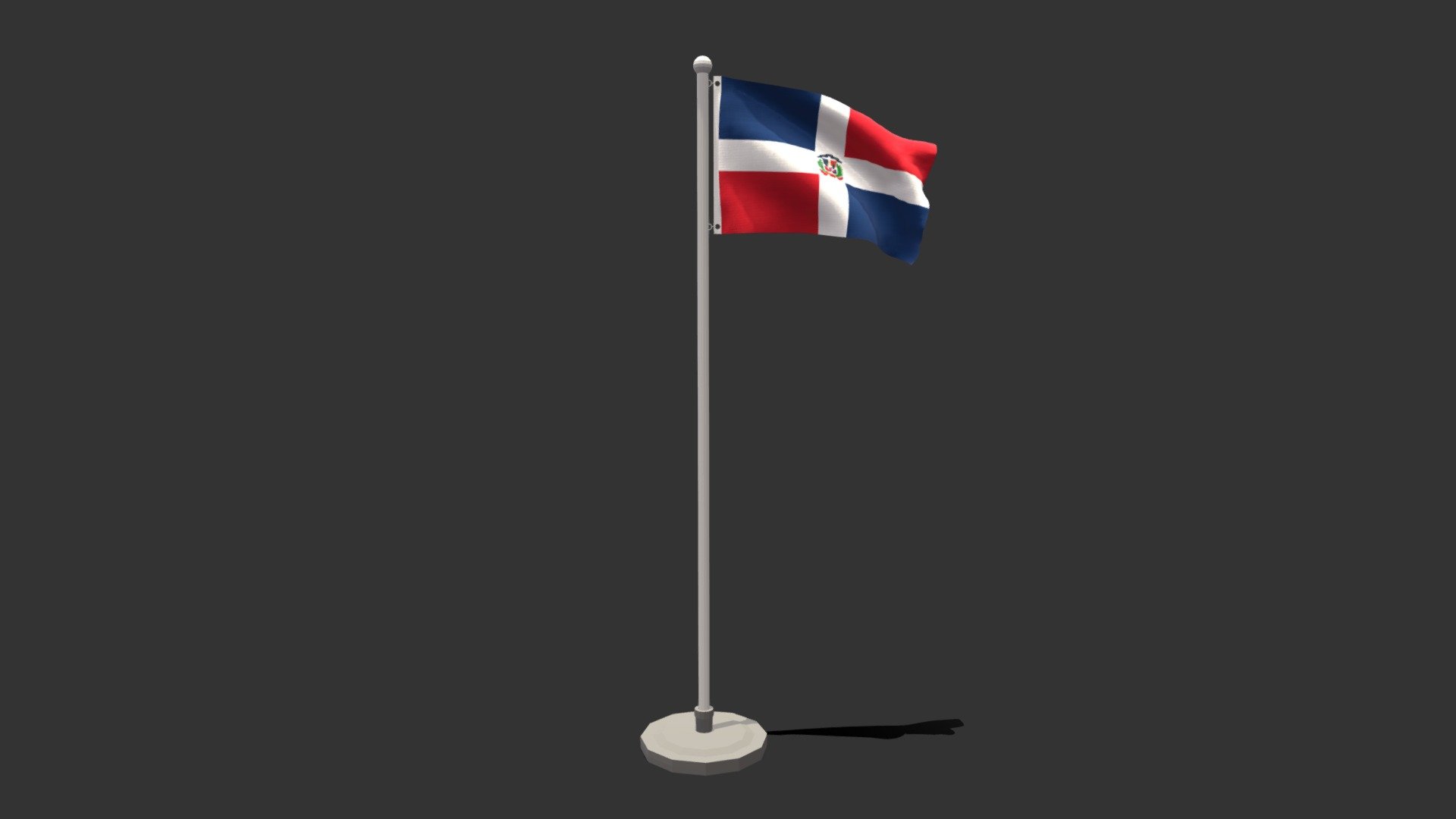 This is a low poly 3D model of an animated flag of Dominican Republic. The low poly flag was modeled and prepared for low-poly style renderings, background, general CG visualization presented as 2 meshes with quads only.

Verts : 1.416 Faces : 1.343.

1024x1024 textures included. Diffuse, roughness and normal maps available only for flag. The pole have simple materials with colors.

The animation is based on shapekeys, 248 frames and seamless, no rig included.

The original file was created in blender. You will receive a OBJ, FBX, blend, DAE, Stl, gLTF, abc.

****PLEASE NOTE Animation icluded only in blend, FBX, abc and glTF files.

Warning: Depending on which software package you are using, the exchange formats (.obj , .dae, .fbx) may not match the preview images exactly. Due to the nature of these formats, there may be some textures that have to be loaded by hand and possibly triangulated geometry 3d model
