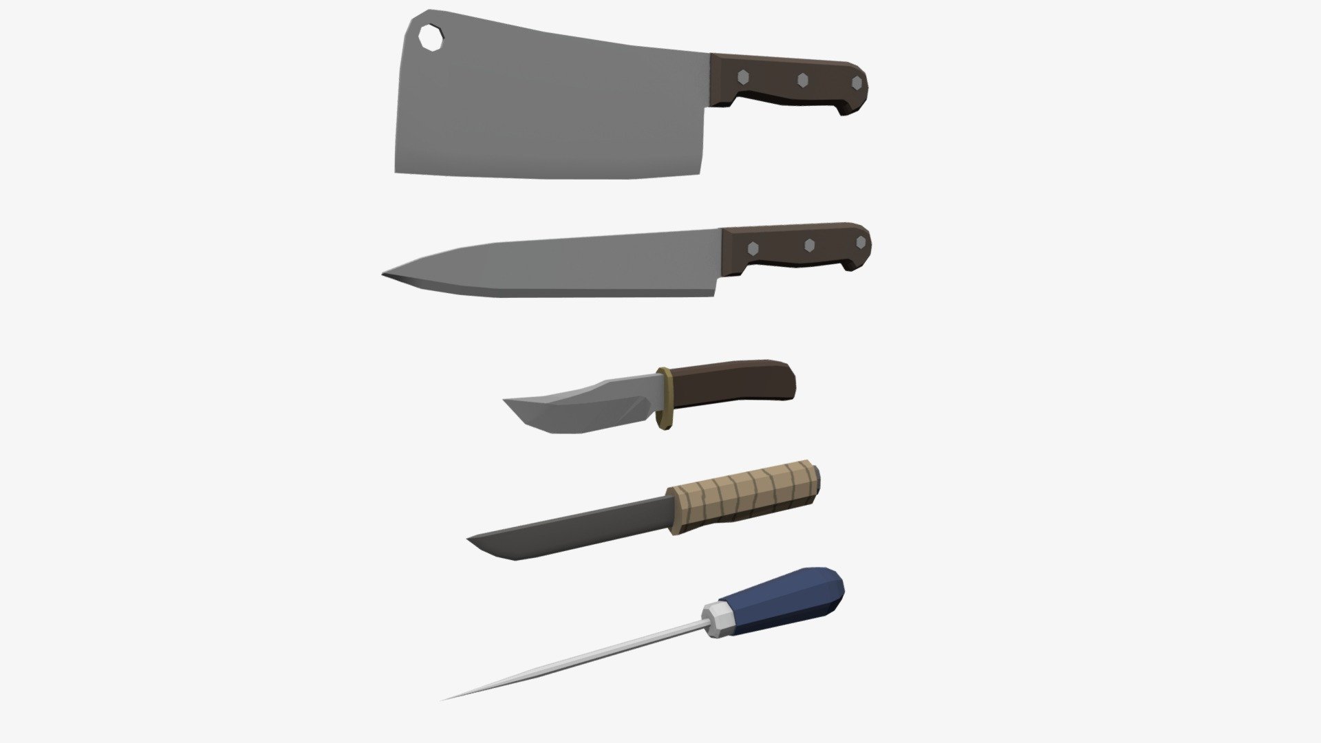 A meat cleaver, kitchen knife, , hunting knife, wrapped knife and icepick 3d model