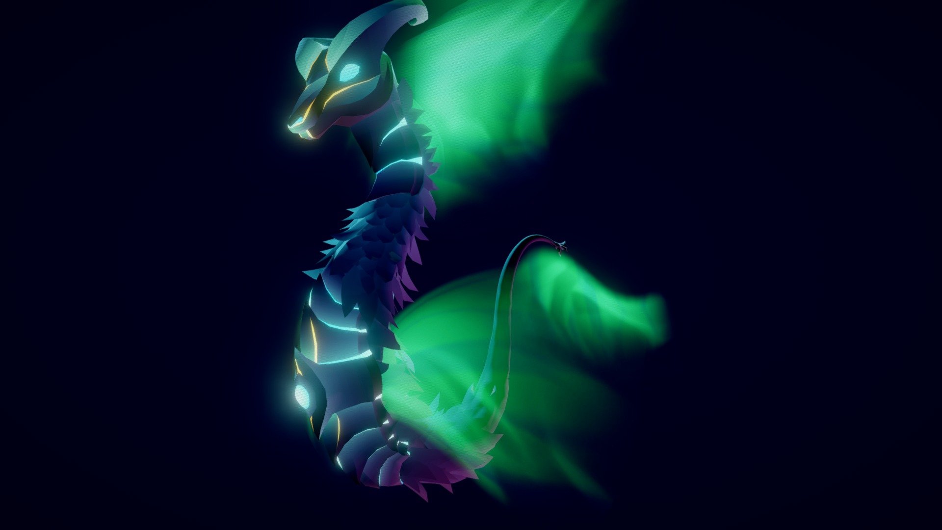 This is a dragon I've created as a chaallenge for me and as a gift for a good friend, I would guess-timate it to have taken less than a full week.

The body uses my favorite gradient-based UV-texturing methid. The wings are actually procedurally generated, but had to be made static to be uploaded on here. You can have a look a the much more impressive rendered version on my Gazing Constellations Artstation Project - Luna - minimalistic fantasy dragon - Download Free 3D model by betalars 3d model