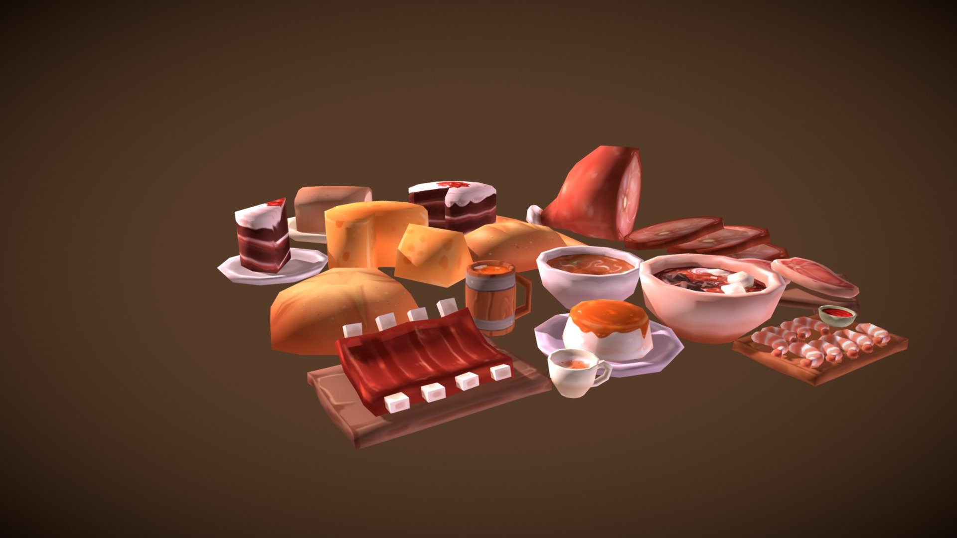 This is a food pack I made for Portal Tamers. It is a primarily hand painted pack of food for one of the towns 3d model