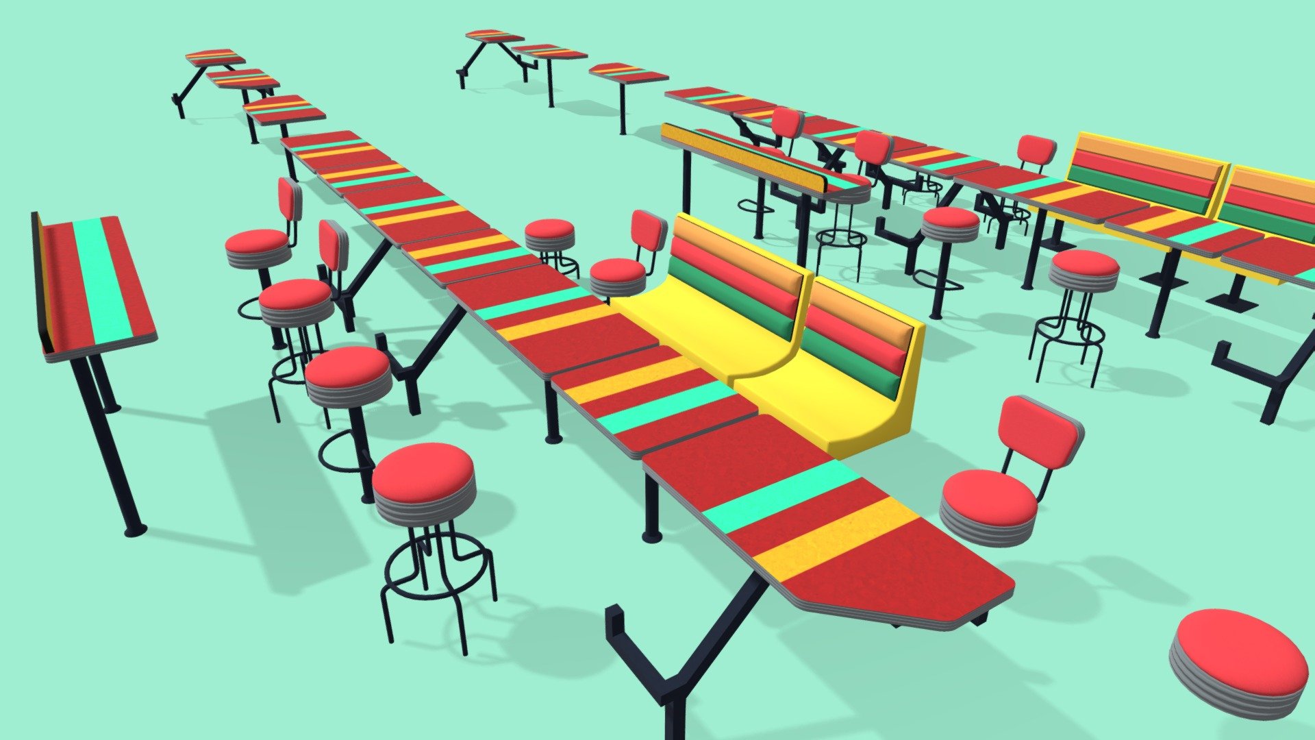 Chairs, tables and stools you would find in fast food restaurants.
This set was made for use in video game development.
Made for those who want to fill a restaurant scene without messing up your game's performance or filesize.
The whole set uses one 2K material, and two tileable materials. The second set of meshes are the LOD meshes 3d model